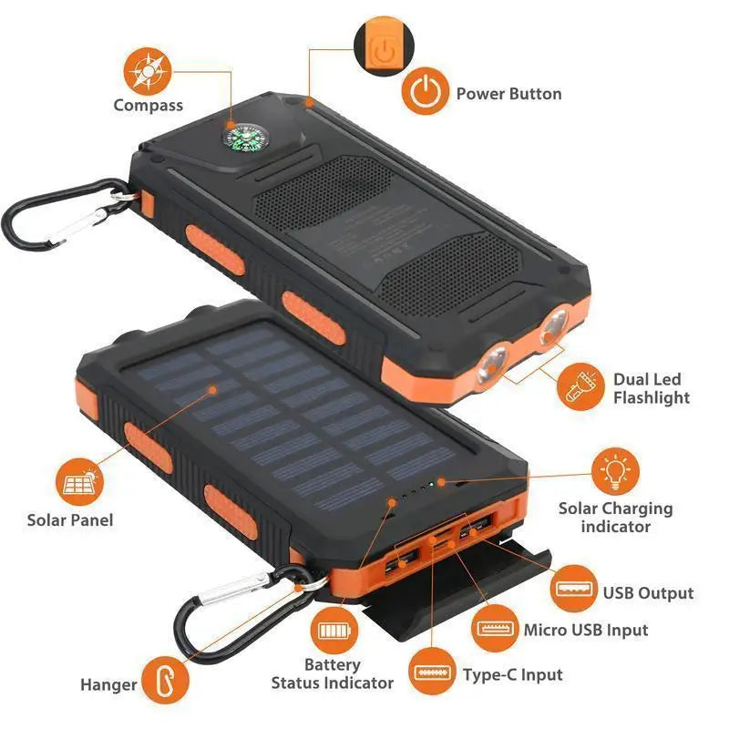 【FREEShip】Solar Charger PowerBank 10000mAh Solar Phone Charger, Portable Charger Fast Charger Dual USB Ports Bui