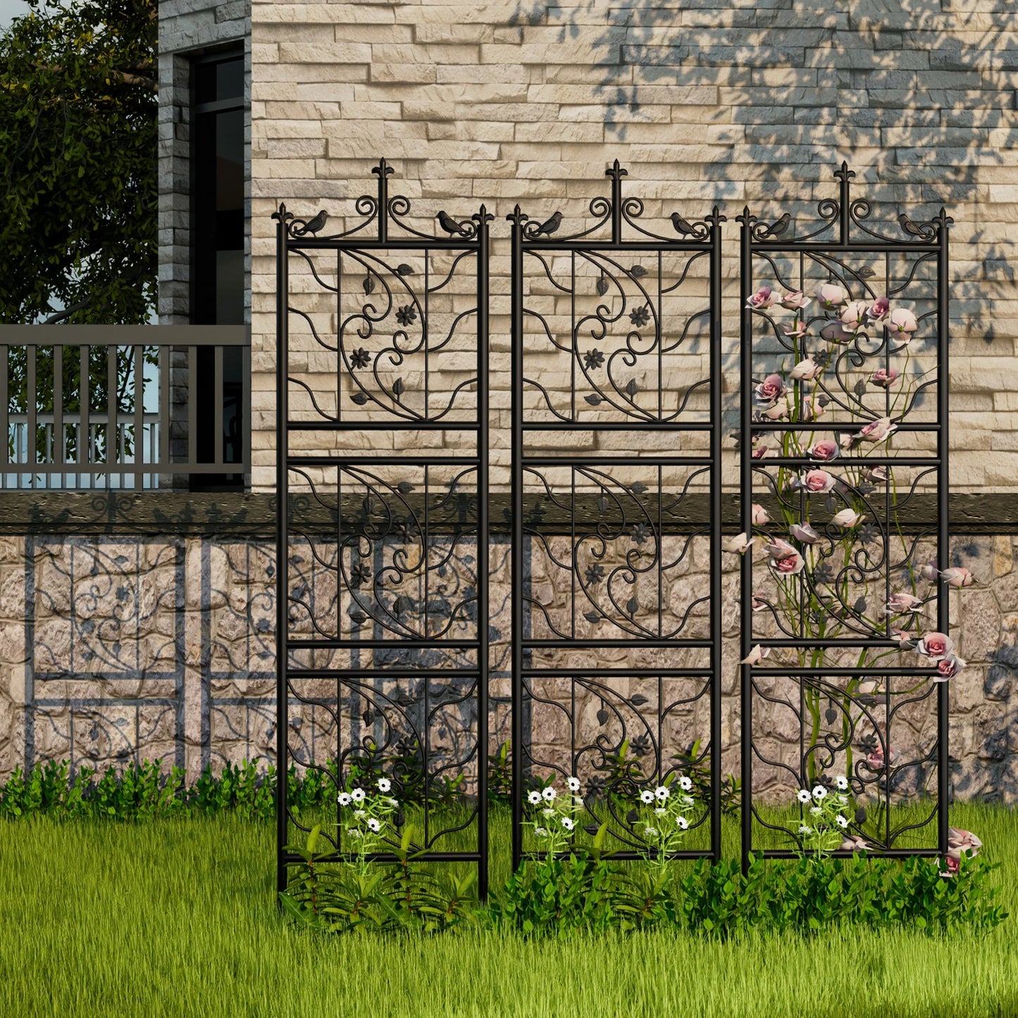 2x Tall Thick Metal Garden Trellis Bird Leaf Grid Panel