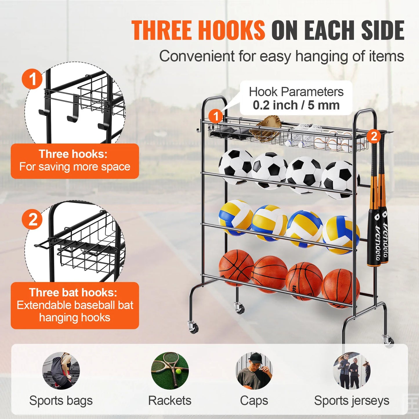 Four Layer Rolling Basketball Rack With Wheels Organizer