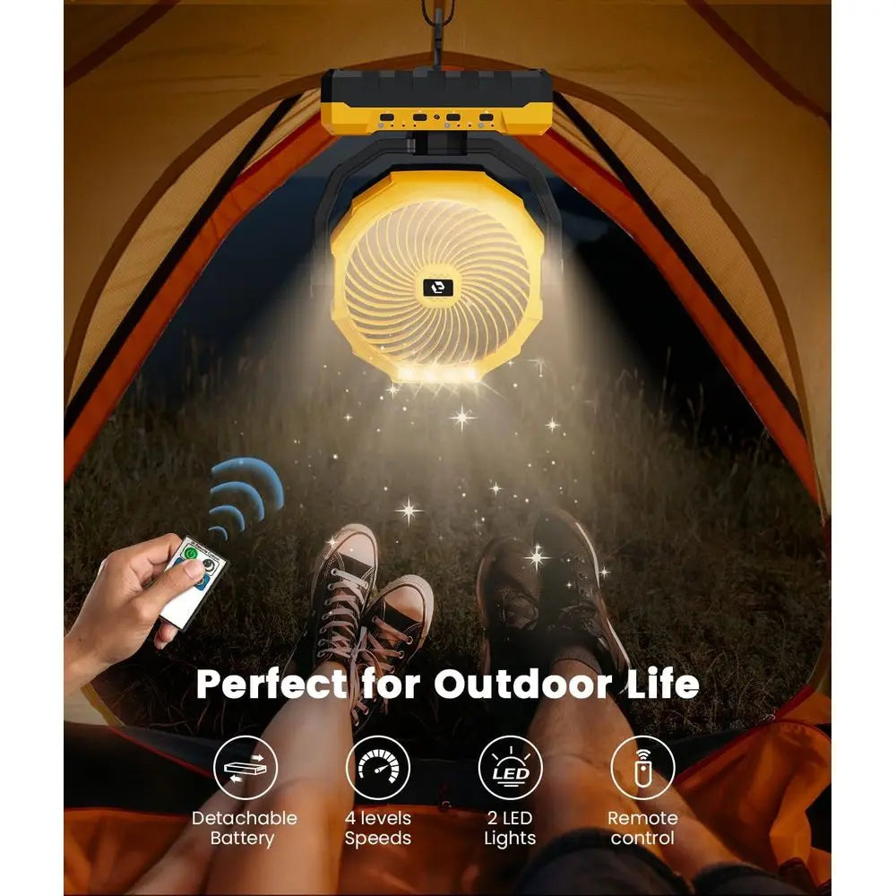 36000mAh Rechargeable Camping Fan with LED, Remote, and Detachable Battery for 150-Hour Use