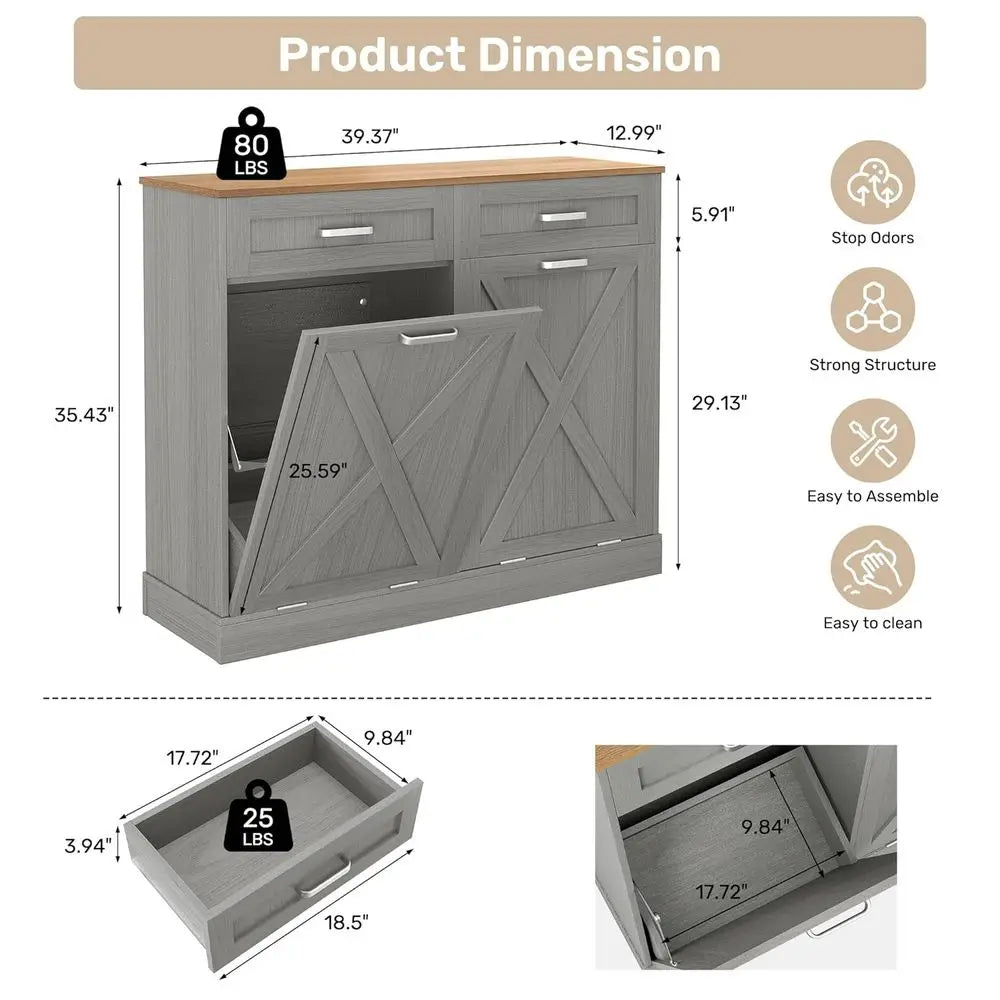 Double Tilt Out Trash and Recycling Cabinet with Hidden Drawers