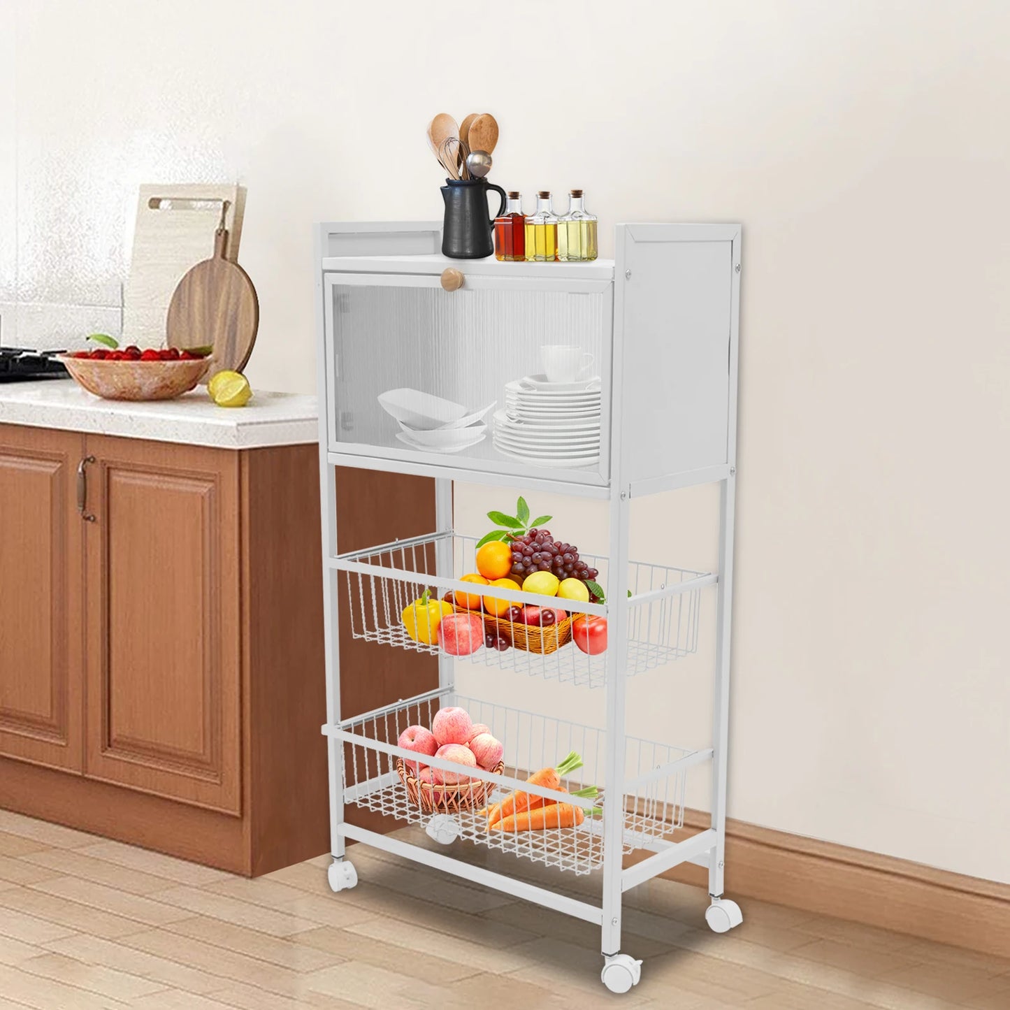 Four-Storey Kitchen Storage Rack With Brake Casters For Organization