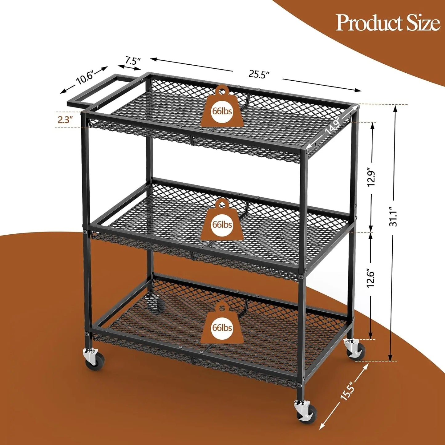 Heavy-Duty 3-Tier Rolling Utility Cart With Locking Wheels