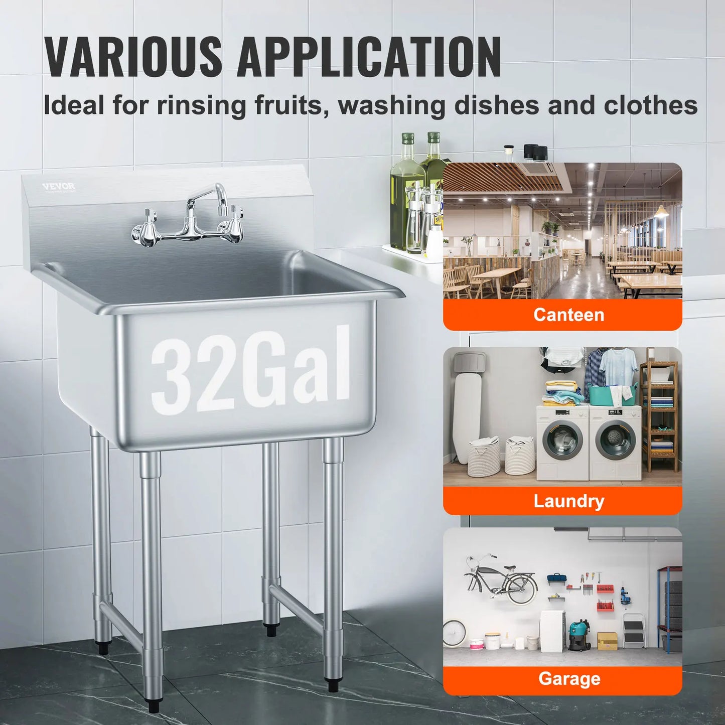 Stainless Steel Kitchen Prep Sink With Faucet For Restaurant