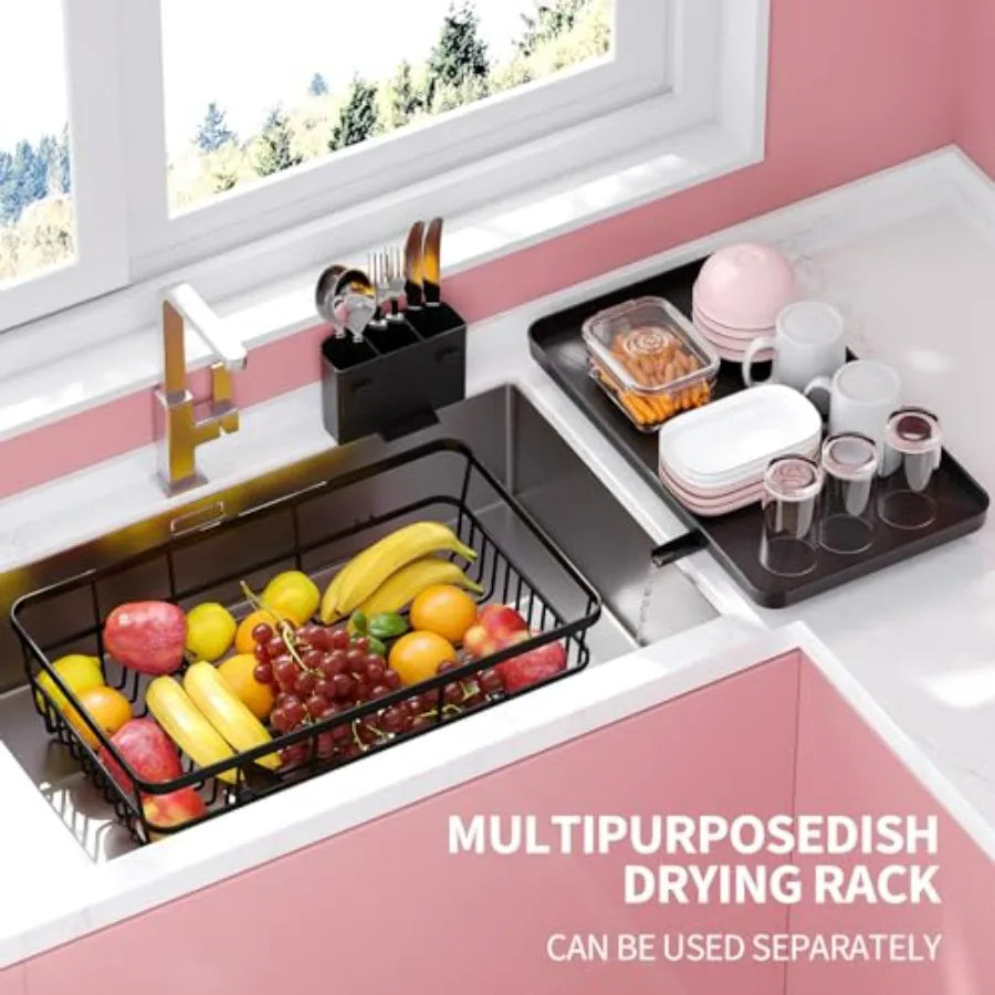 Kitchen Counter Dish Drying Rack With Drain Board Cup Holder