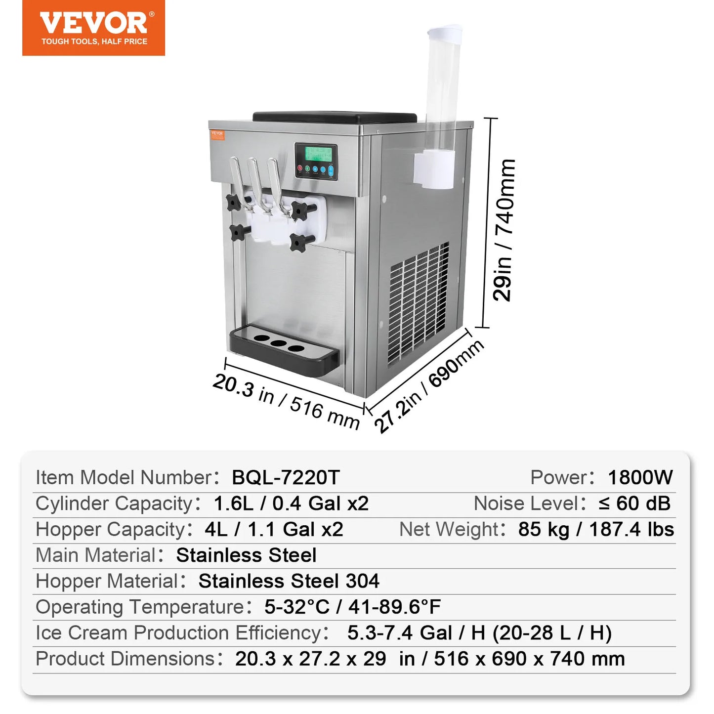 VEVOR Commercial Ice Cream Machine Single Flavor Soft Serve