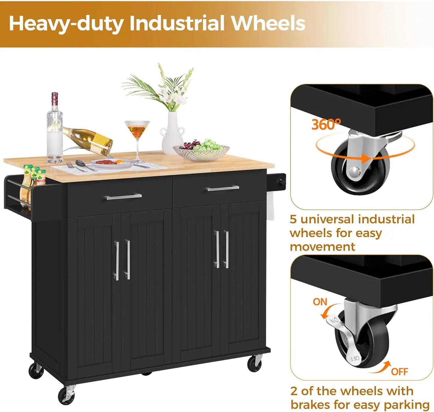 Rolling Kitchen Island Cart With Drop Leaf Storage Drawer