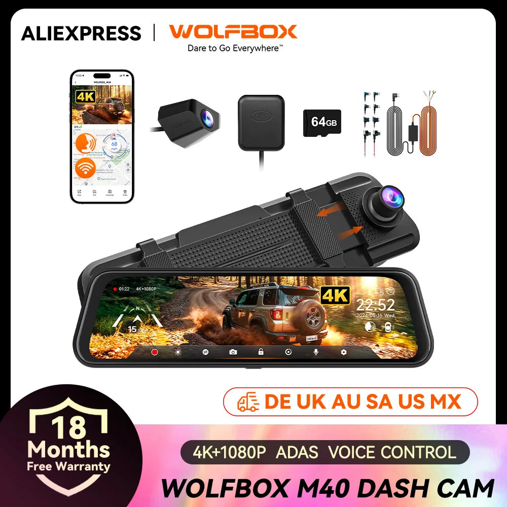 WOLFBOX M40 Dashboard Cam 4K Plus 1080P Front and Rear