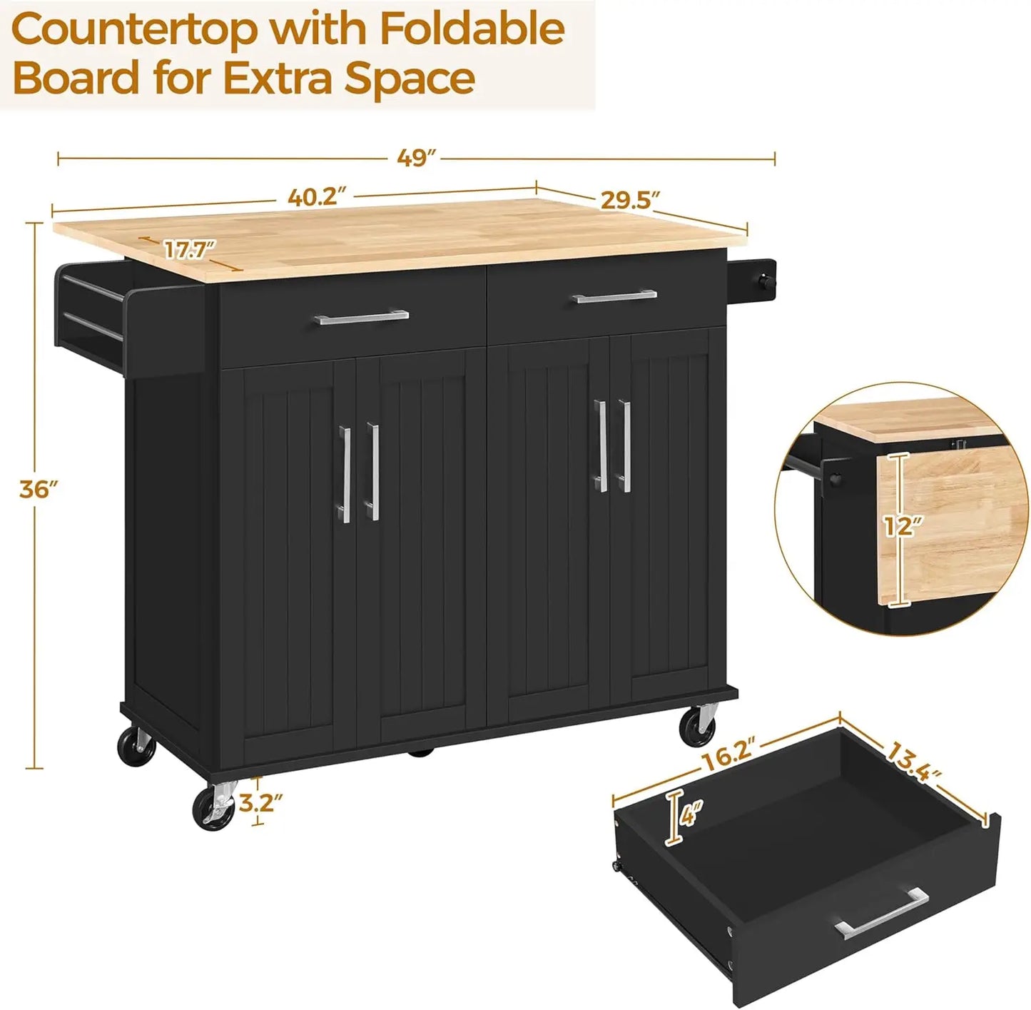 Rolling Kitchen Island Cart With Drop Leaf Storage Drawer