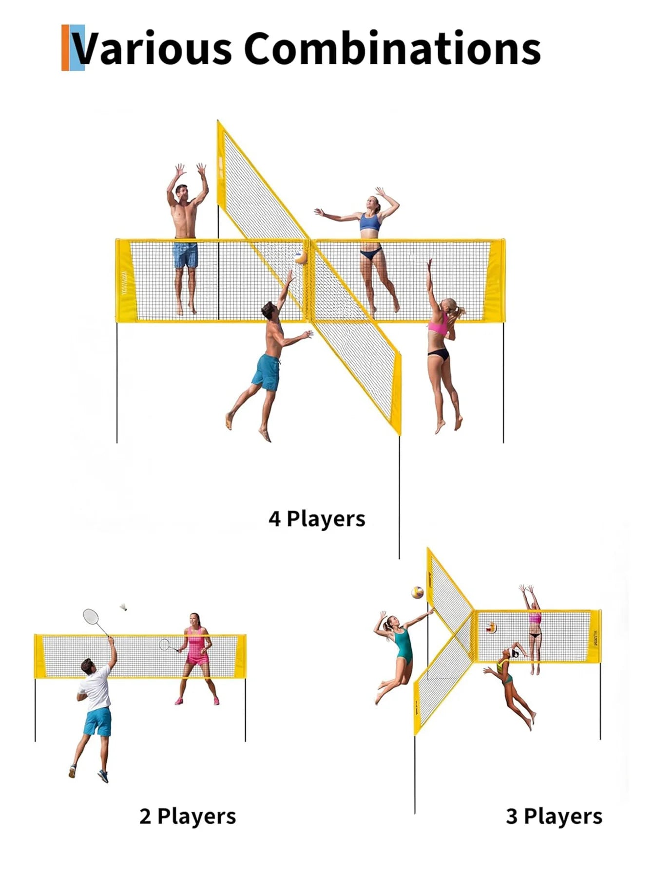 4 Square Volleyball Net Set for Backyard Beach, 3 Heights Adjustable,14 FT 4-Way Volleyball Net with Carrying Bag,for Family Fun