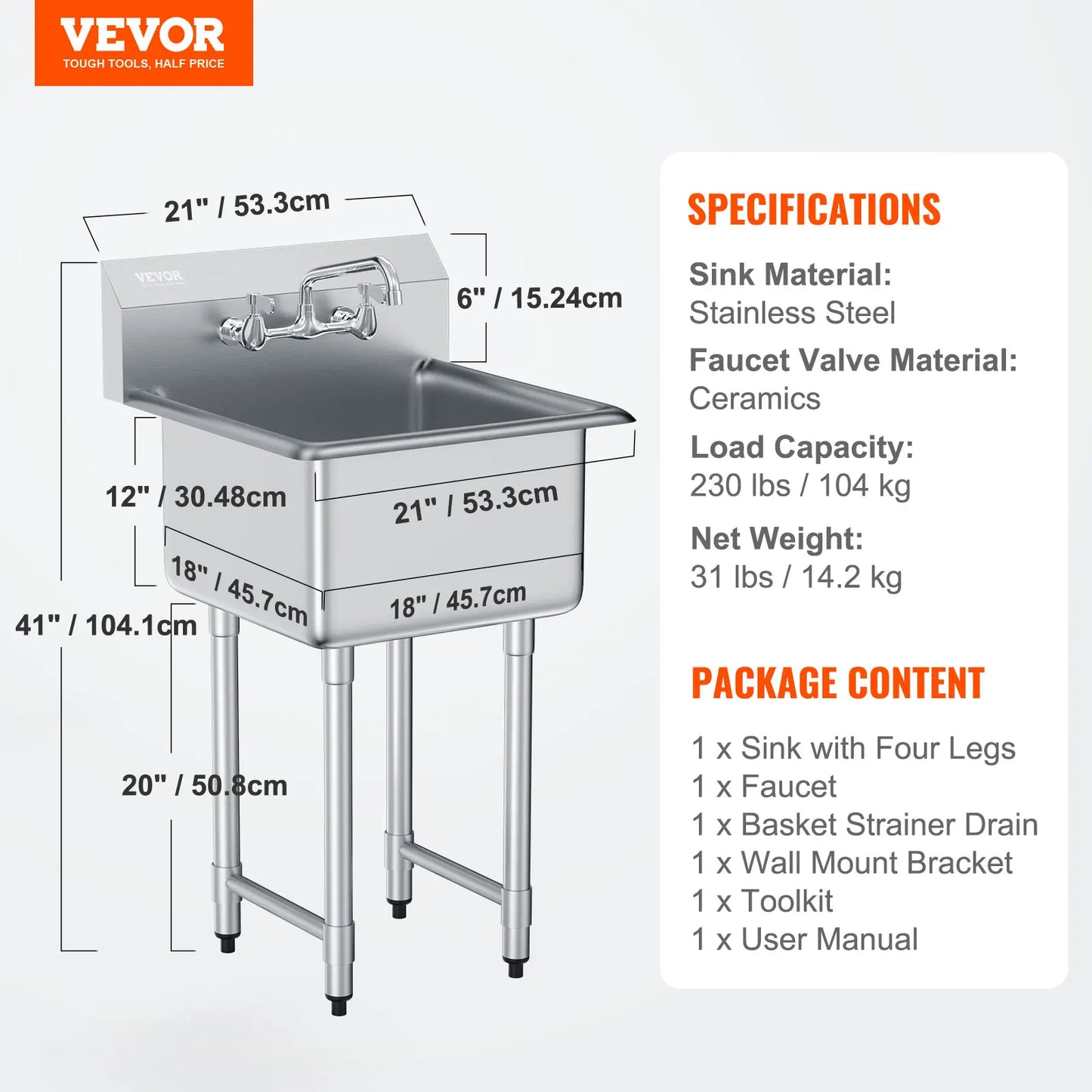 Stainless Steel Kitchen Prep Sink With Faucet For Restaurant