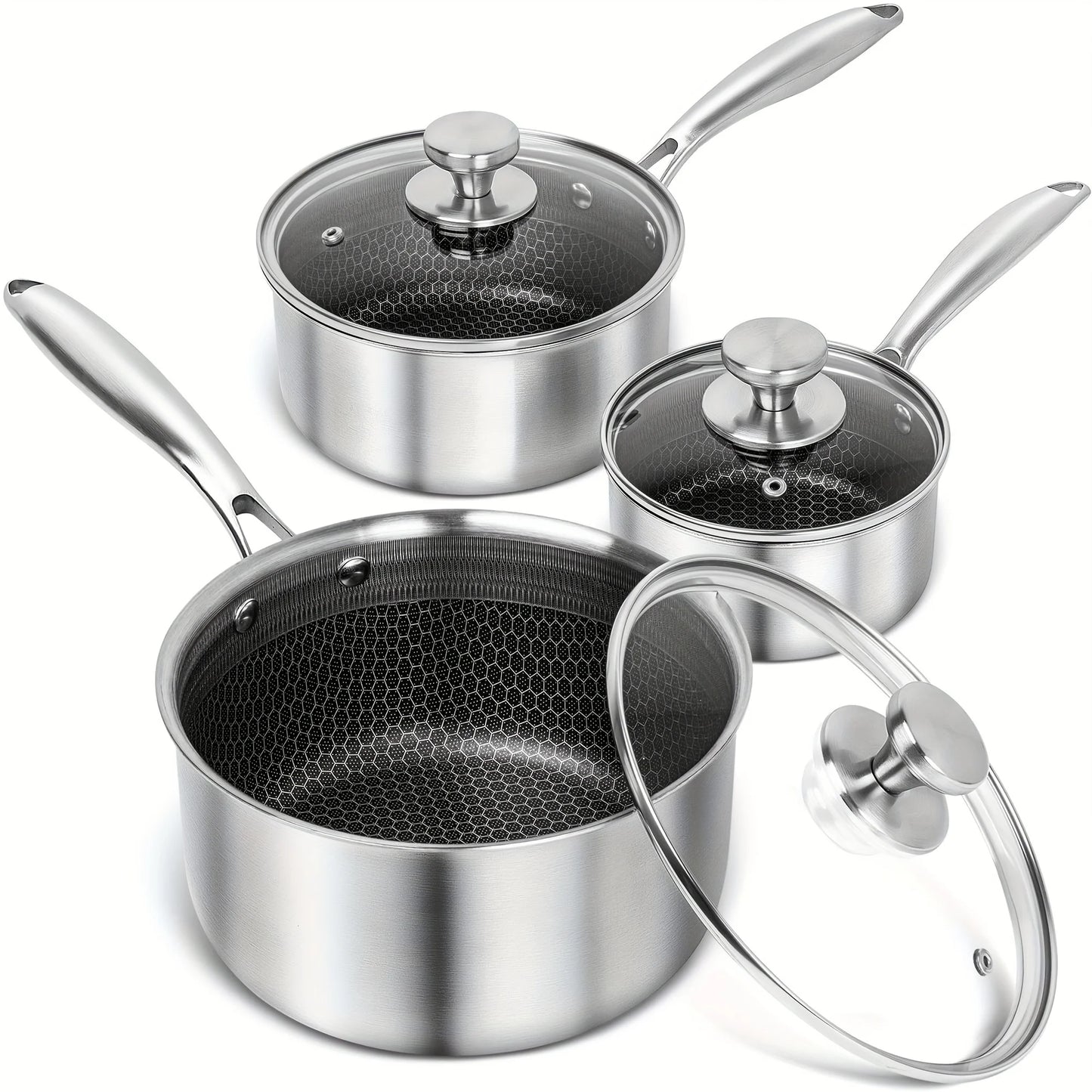 Stainless Steel Cookware Set With Triple Layer Saucepan And Honeycomb