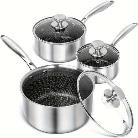 Stainless Steel Cookware Set With Triple Layer Saucepan And Honeycomb