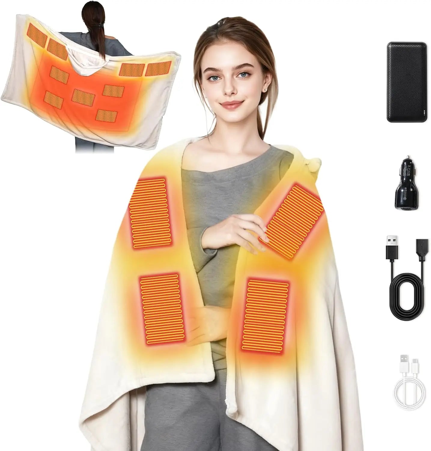 USB Heated Blanket With Hood 9 Heating Zones Power Bank