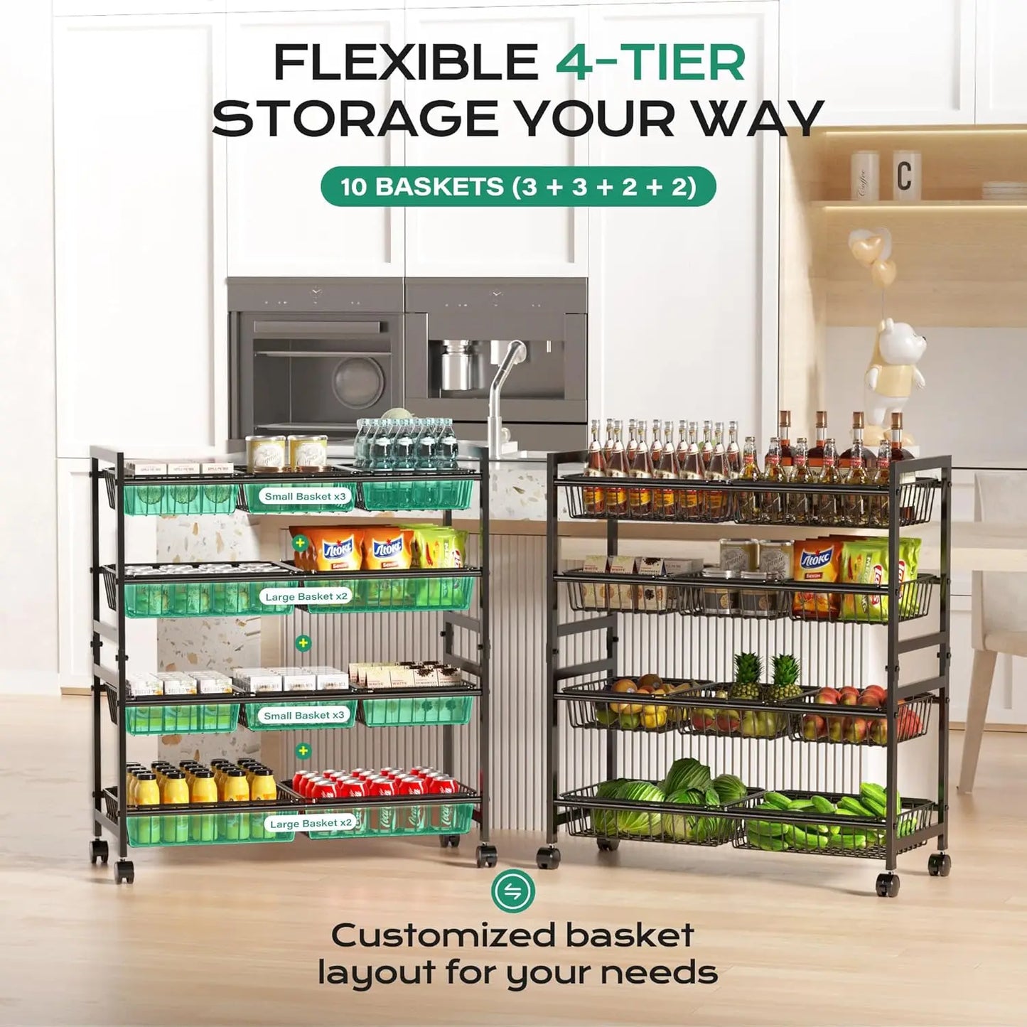 4-Tier Rolling Pantry Cart With 10 Baskets, Adjustable Kitchen Rack
