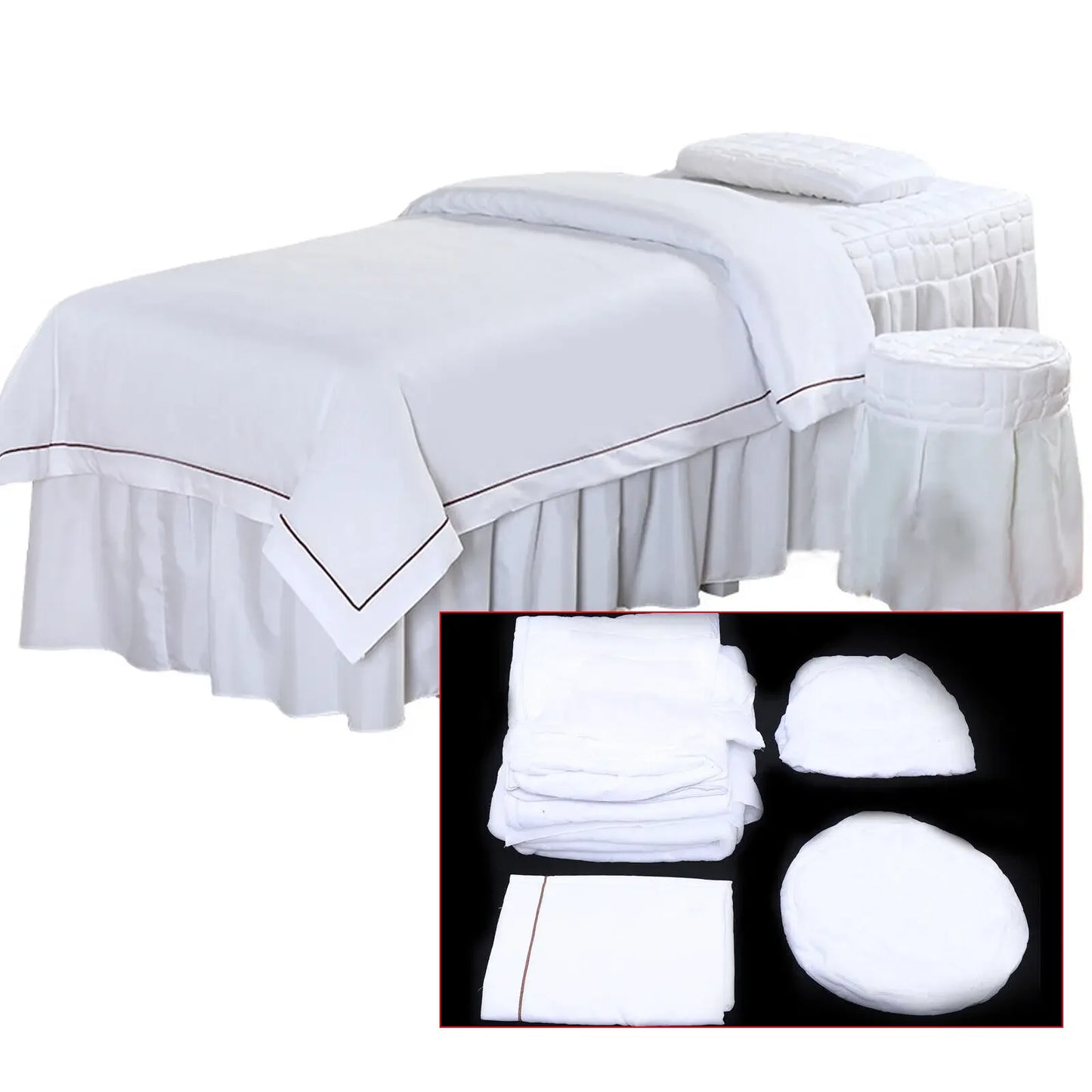 SPA Massage Table Full Cover Sheet Set White Soft Bedding Sheet Set Beauty Bedspread with Skirt for Salon & Spa Use
