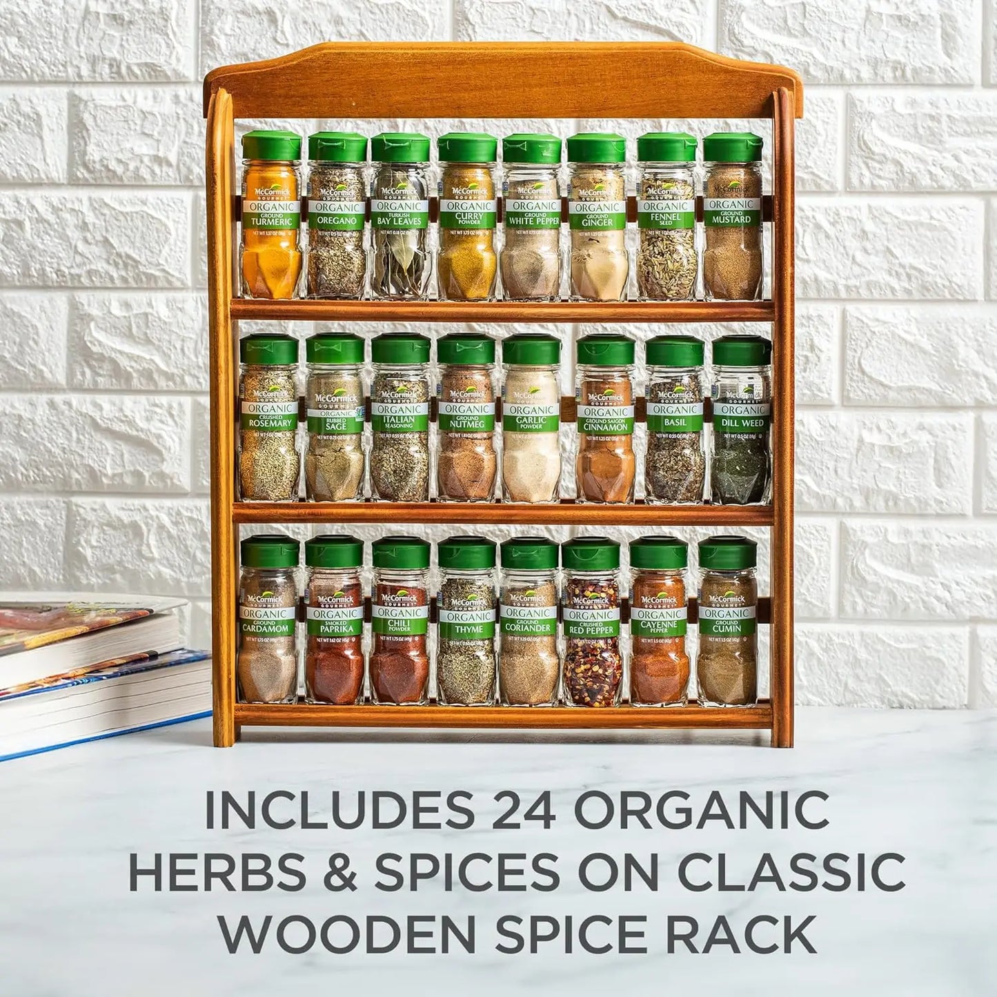 Three-Tier Wood Spice Rack With 24 Organic Herbs And Spices