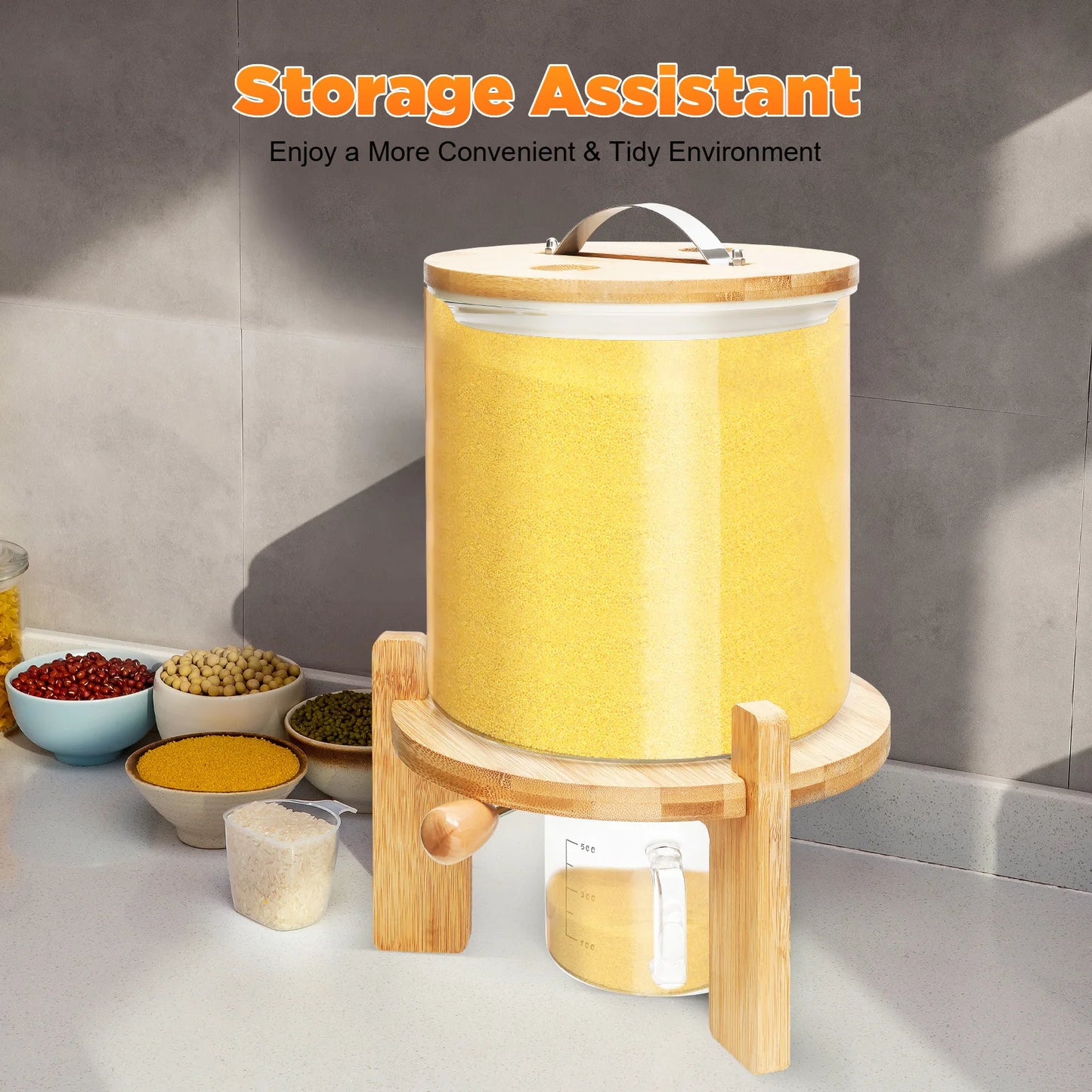 Clear Glass Cereal Dispenser With Airtight Bamboo Lid For Kitchen Storage