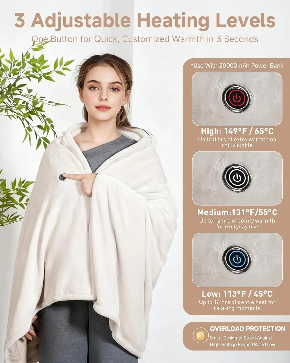 USB Heated Blanket With Hood 9 Heating Zones Power Bank