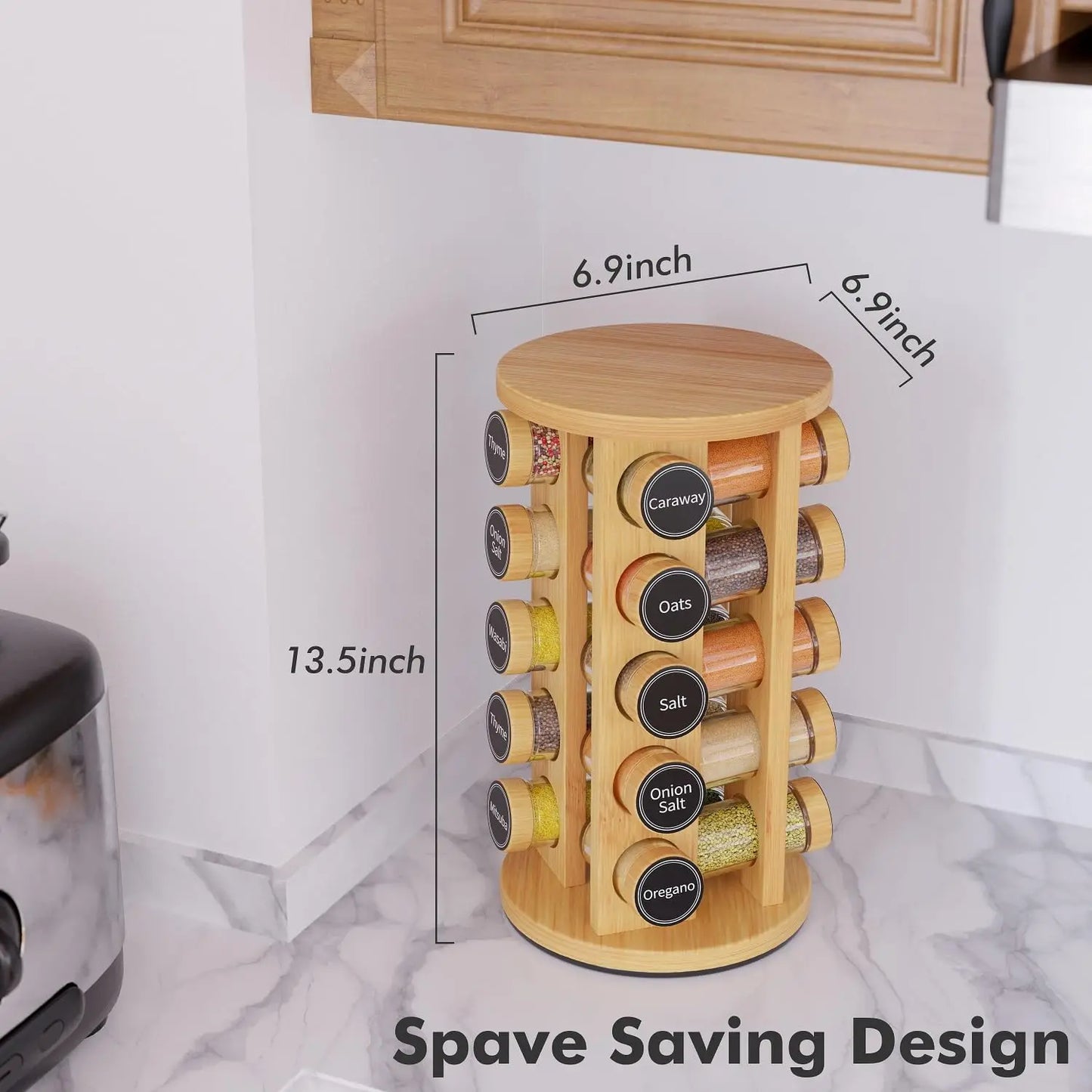 Rotating Spice Rack With 20 Jars And Labels Kitchen Organizer