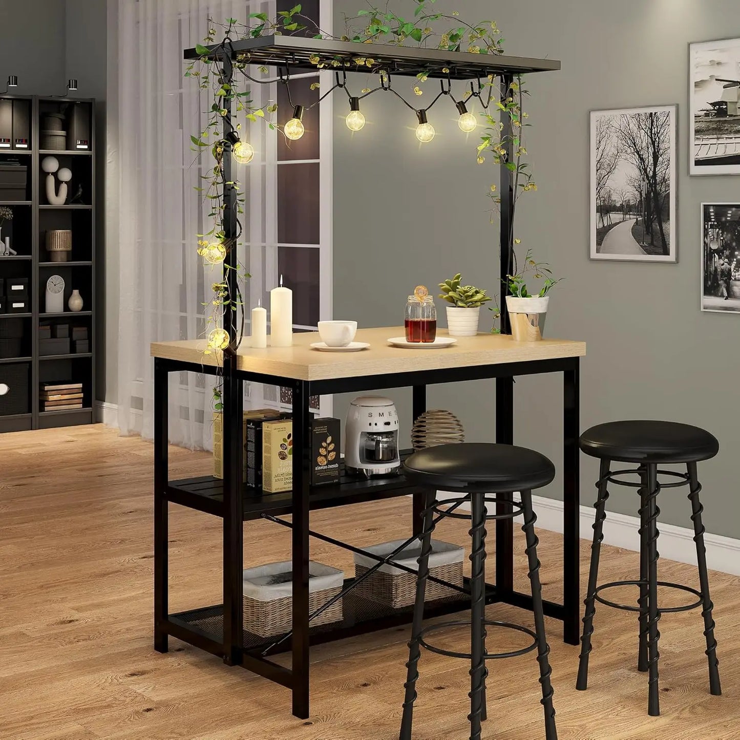 HiMISSH Kitchen Island With Storage And Power Outlet 3 Tier Bar Table