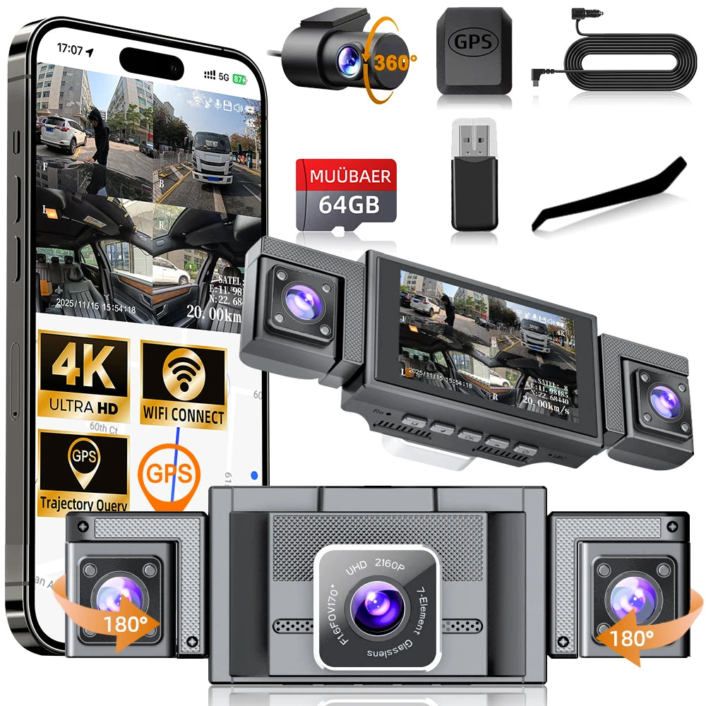 MUÜBAER 4K 360 Dash Cam With GPS WiFi Night Vision