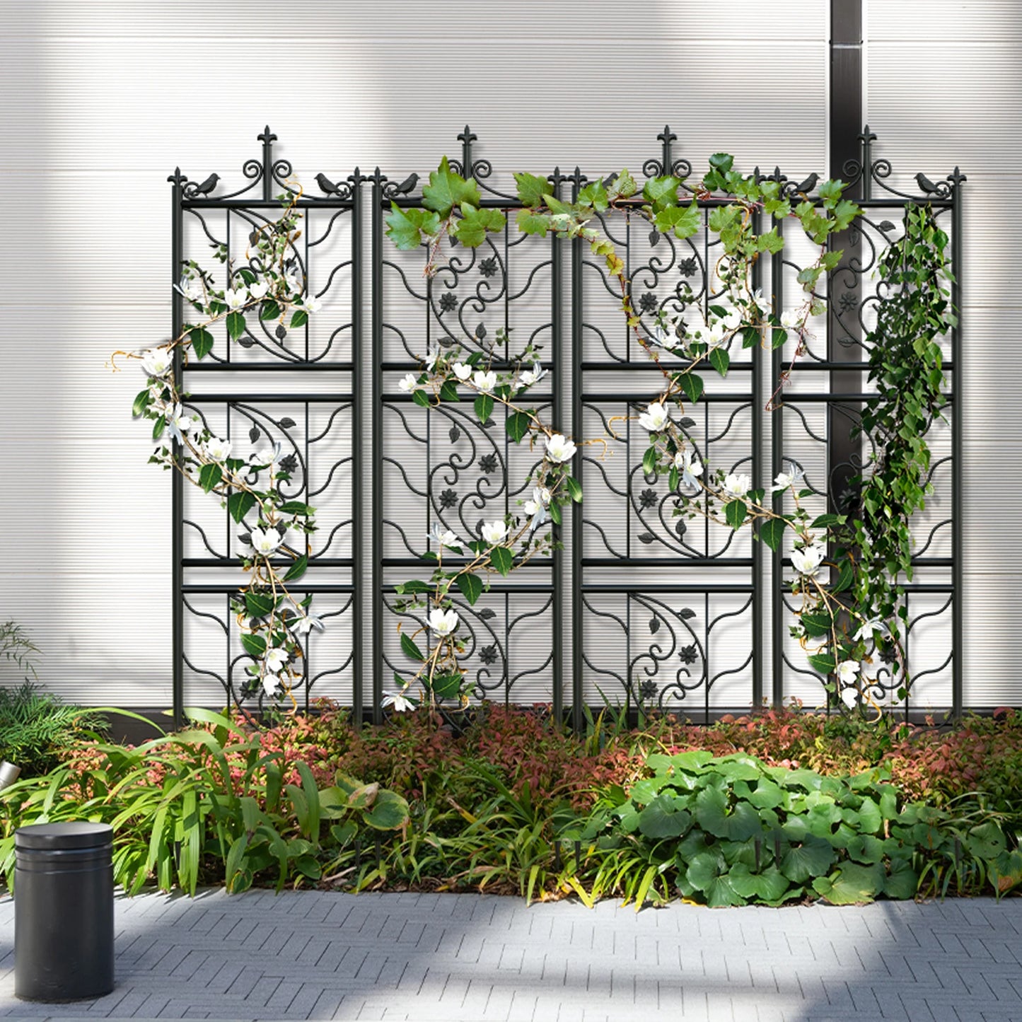 2x Tall Thick Metal Garden Trellis Bird Leaf Grid Panel