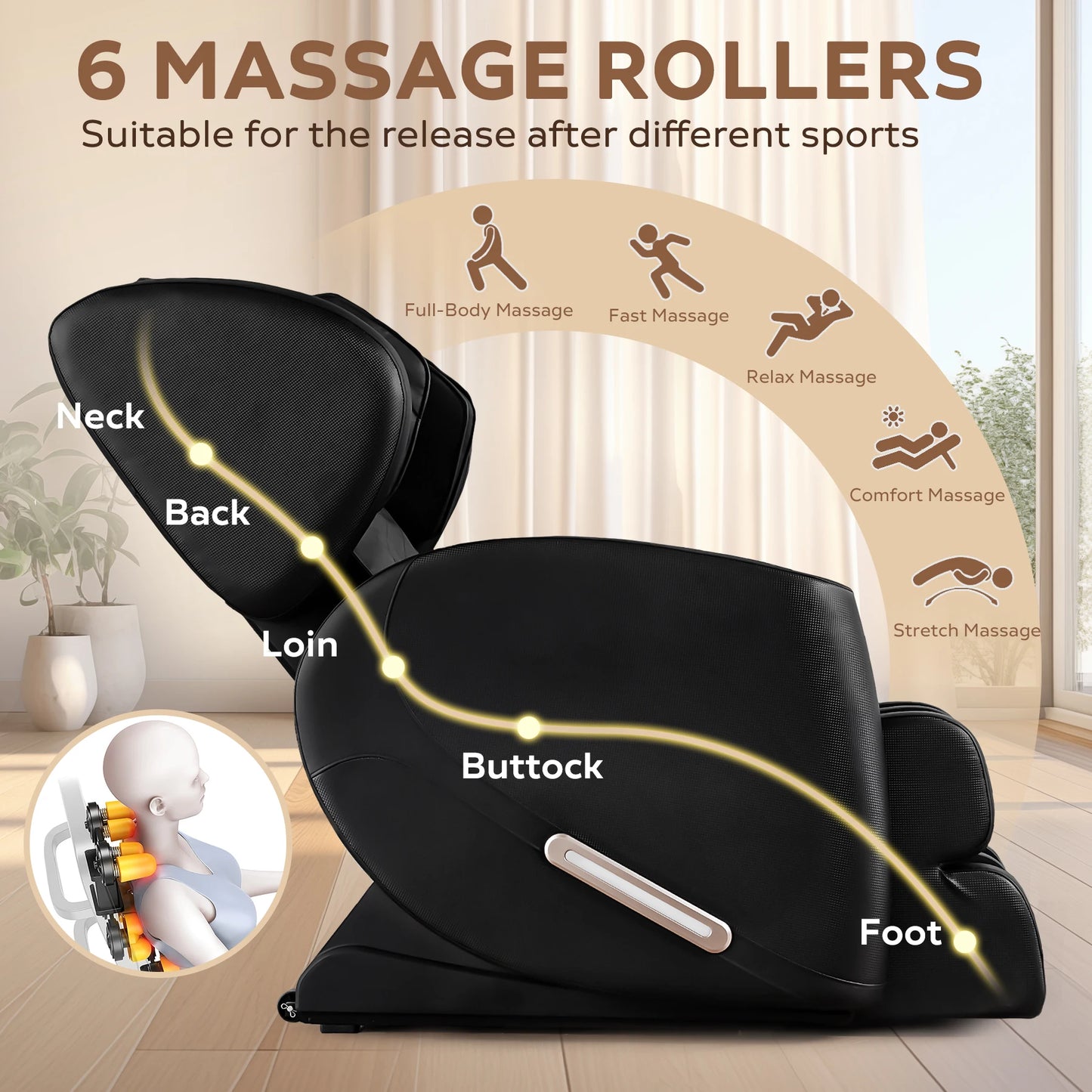 Massage Chair with Zero Gravity, Massage Chair Recliner with Heating, Airbags, Foot Roller，Bluetooth Speaker-Supports Up 180 lb
