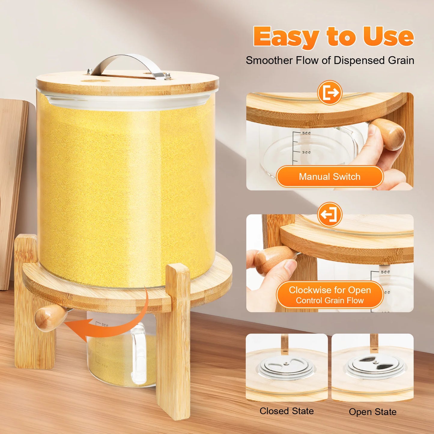 Clear Glass Cereal Dispenser With Airtight Bamboo Lid For Kitchen Storage