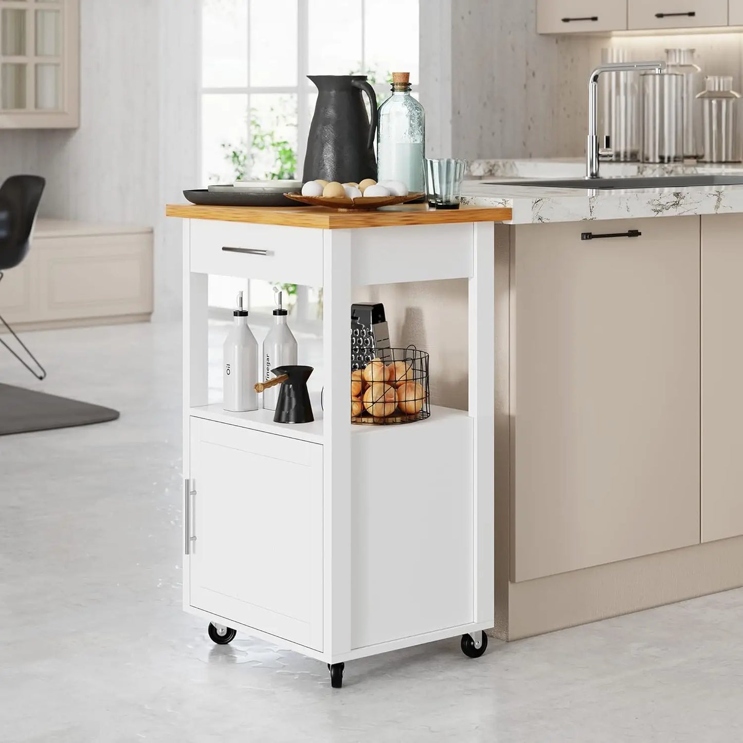Rolling Kitchen Island Cart With Storage Cabinet And Drawer
