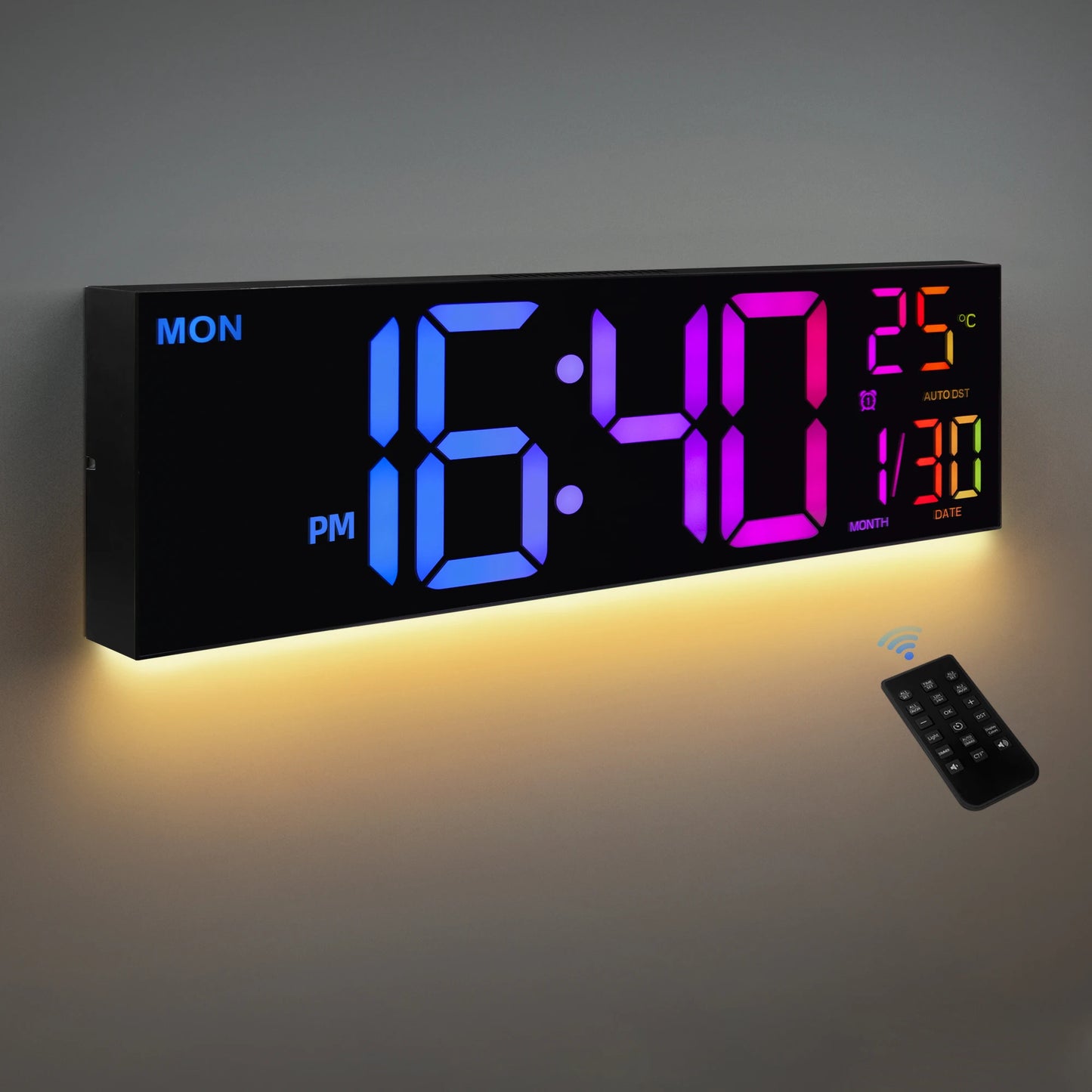 Digital Wall Clock With LED Display Remote Alarm DST Temperature