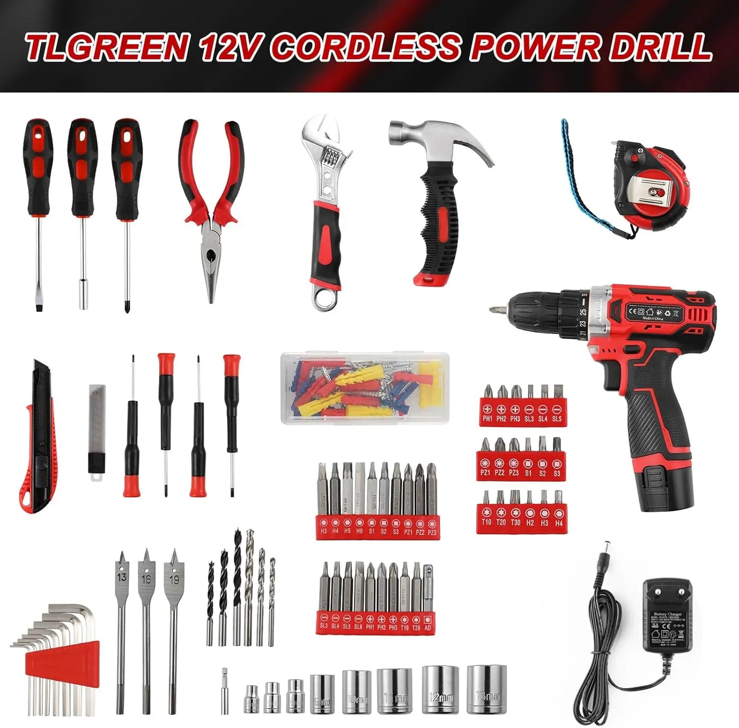 TLGREENDIY 138 Pcs Power Tool Set 12V Cordless Drill