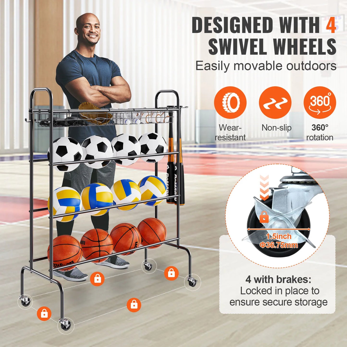 Four Layer Rolling Basketball Rack With Wheels Organizer