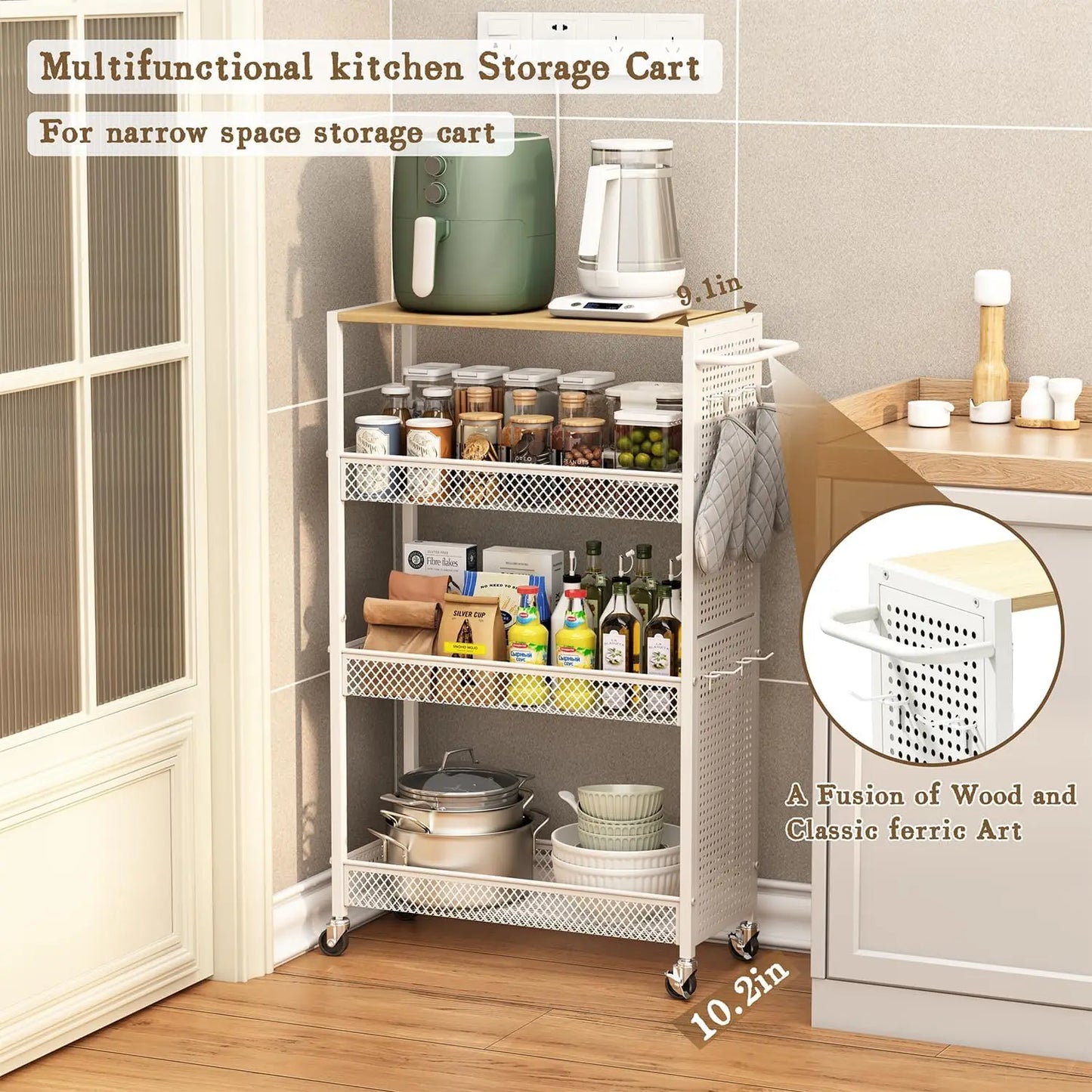Slim Rolling Storage Cart With Wood Top And 4 Tier Shelves