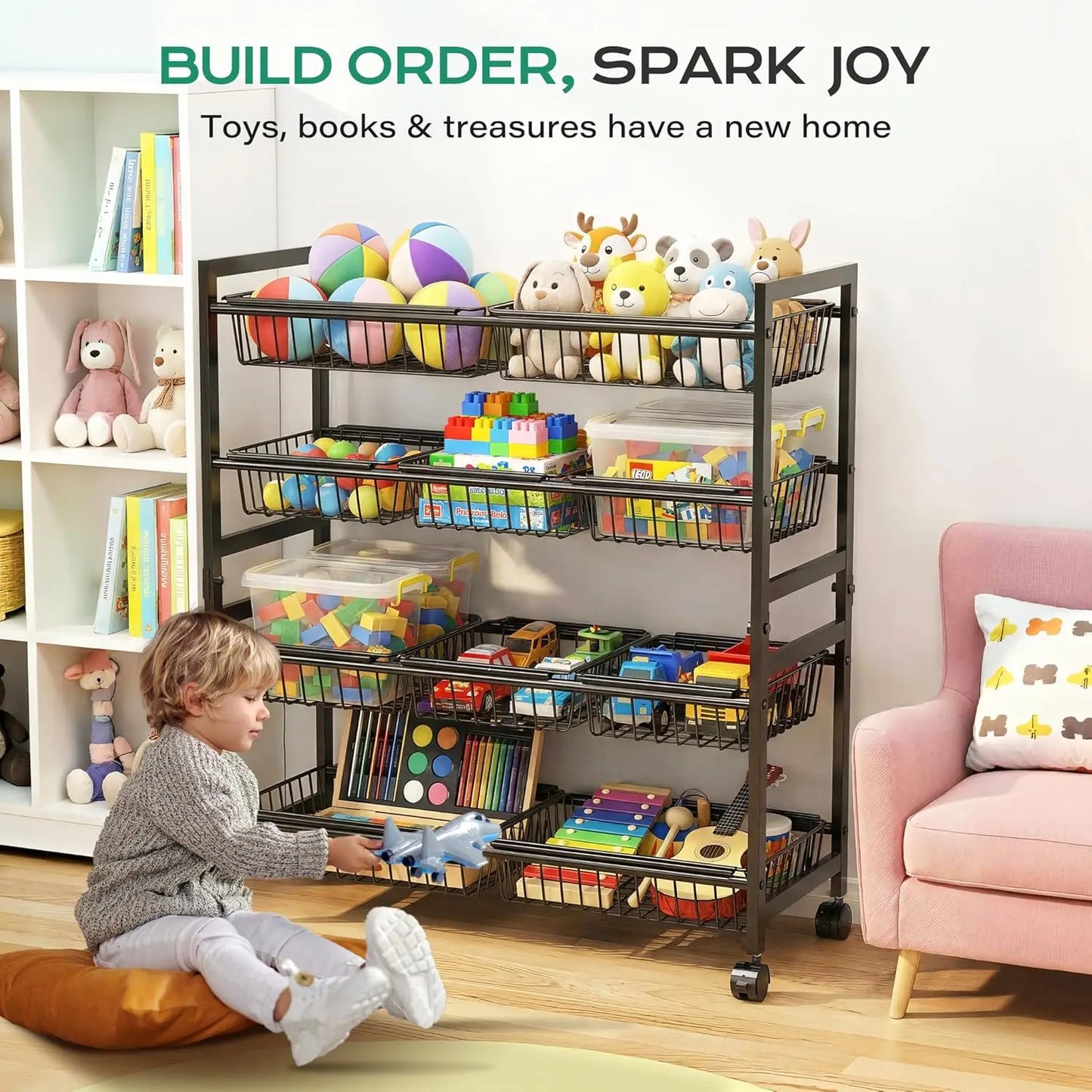 4-Tier Rolling Pantry Cart With 10 Baskets, Adjustable Kitchen Rack