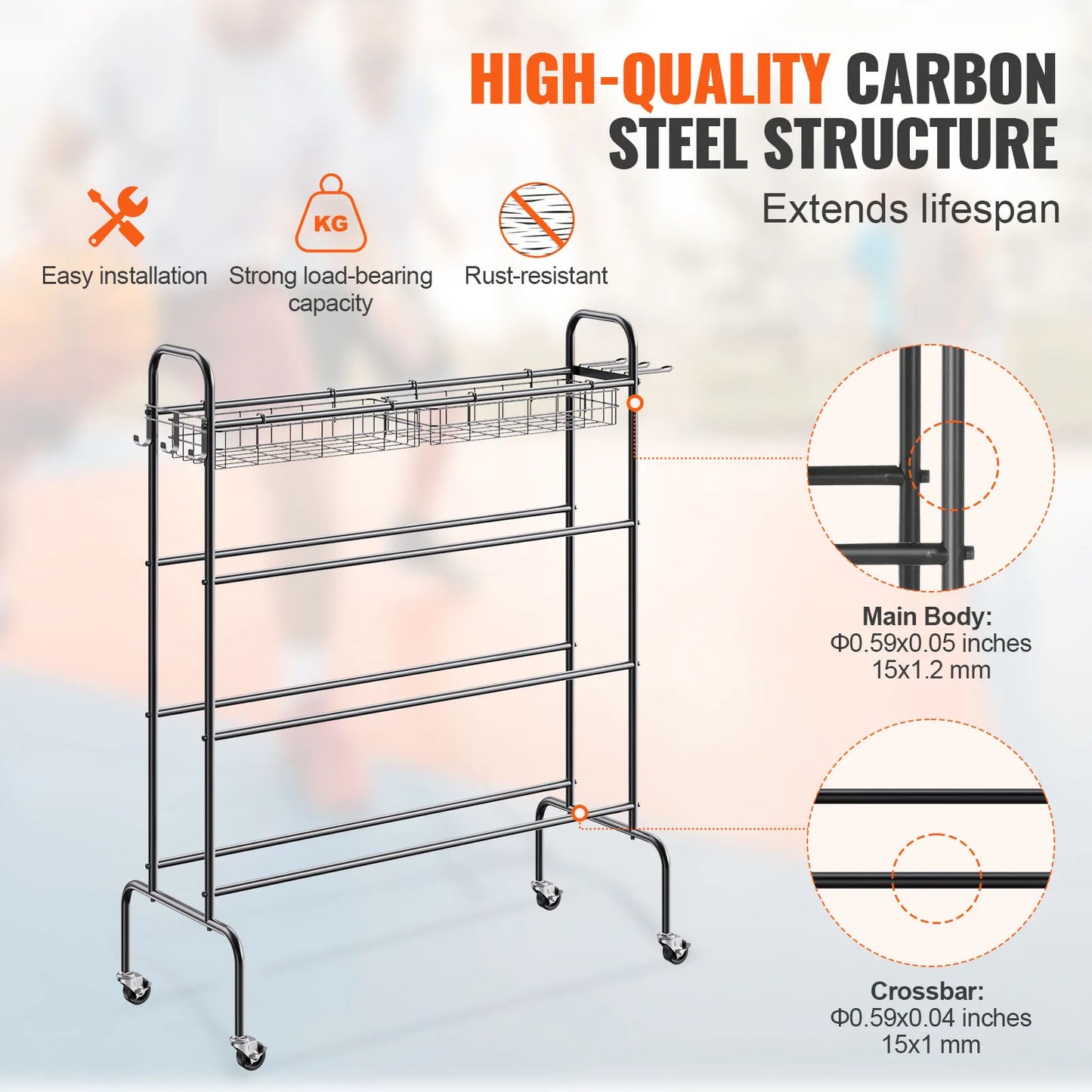 Four Layer Rolling Basketball Rack With Wheels Organizer
