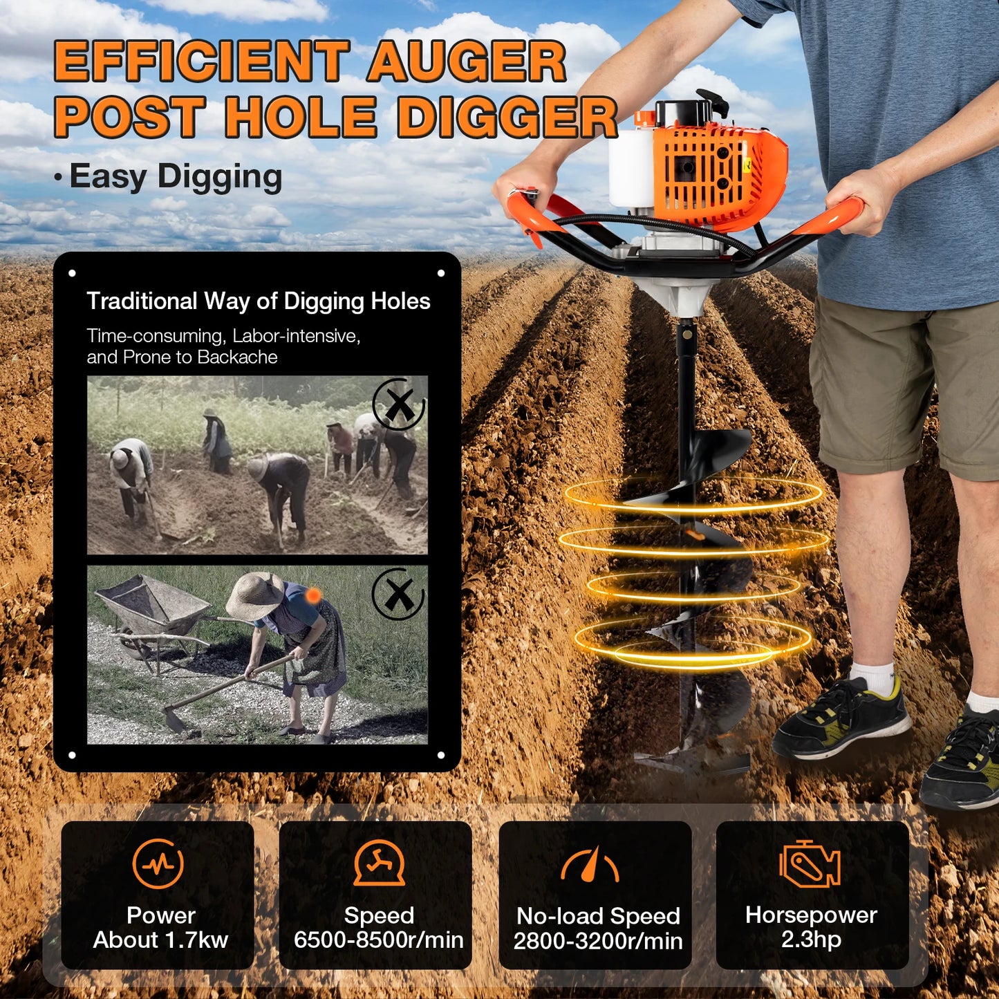 CNCEST 52cc Earth Auger With 3 Bits Post Hole Digger