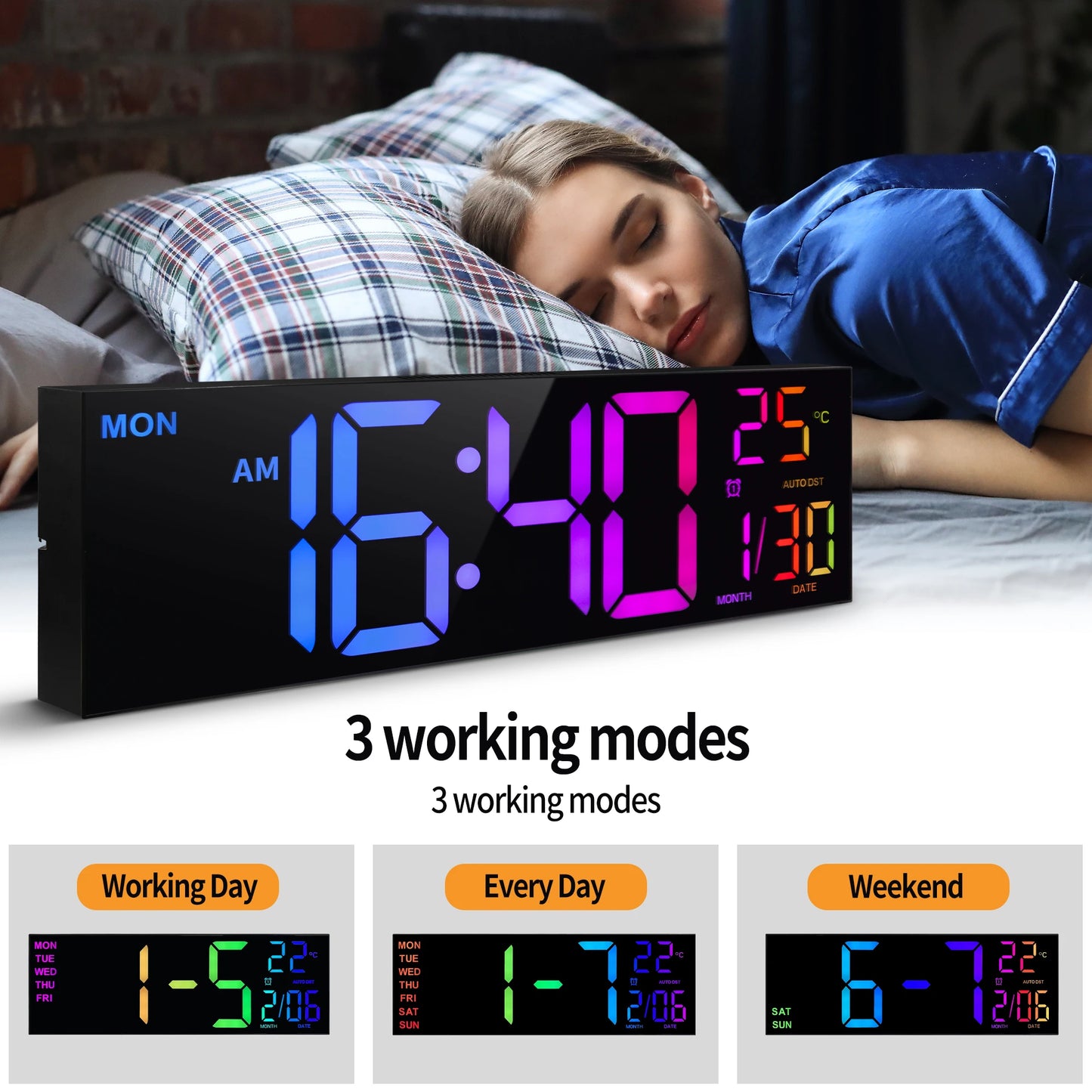 Digital Wall Clock With LED Display Remote Alarm DST Temperature