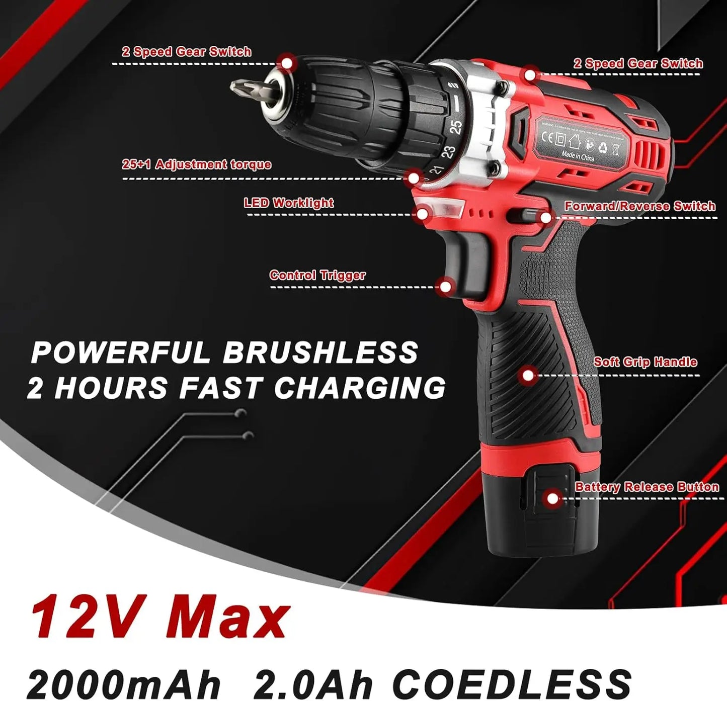 TLGREENDIY 138 Piece Power Tool Set With 12V Cordless Drill Kit