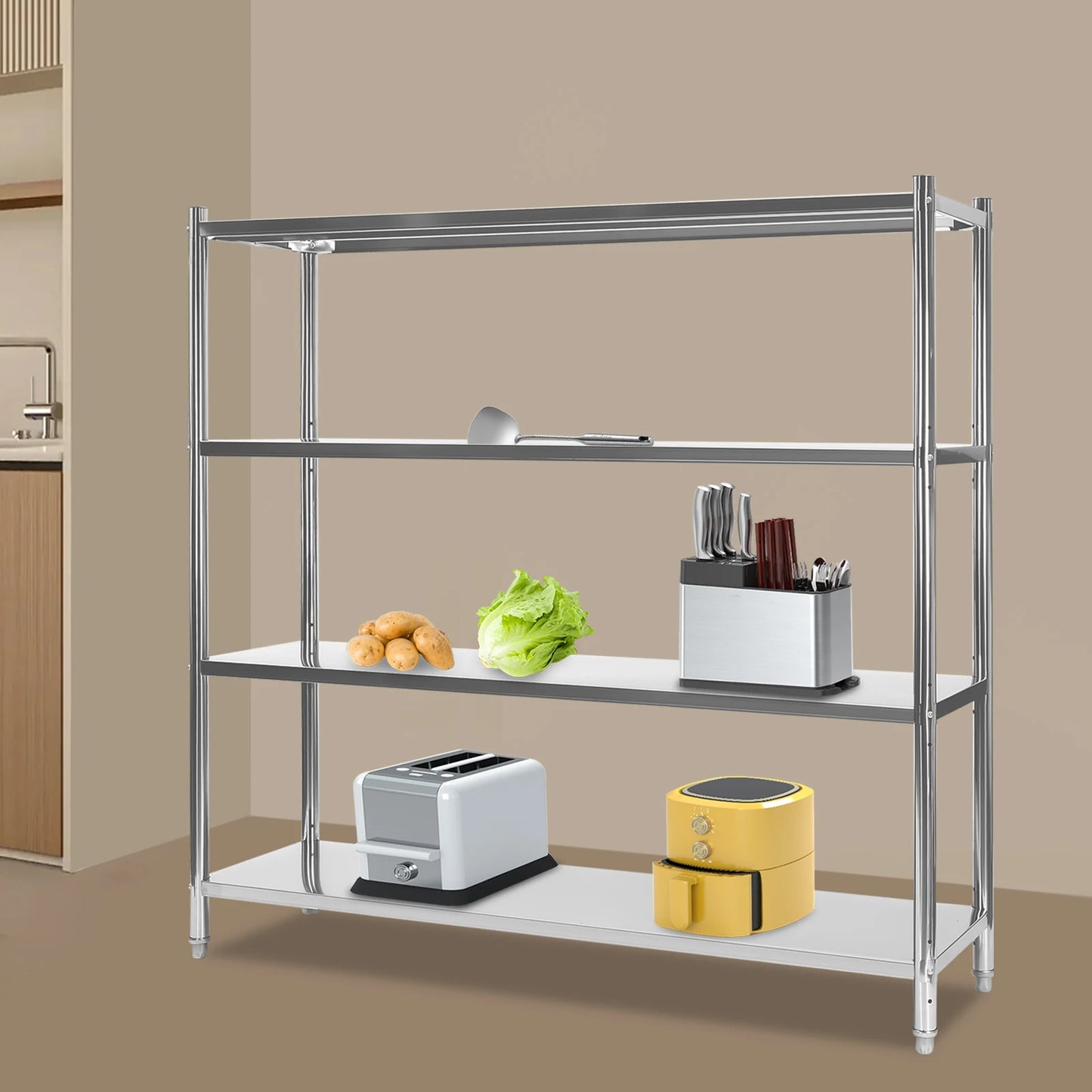 Four-Tier Stainless Steel Storage Shelf Heavy-Duty Adjustable Height