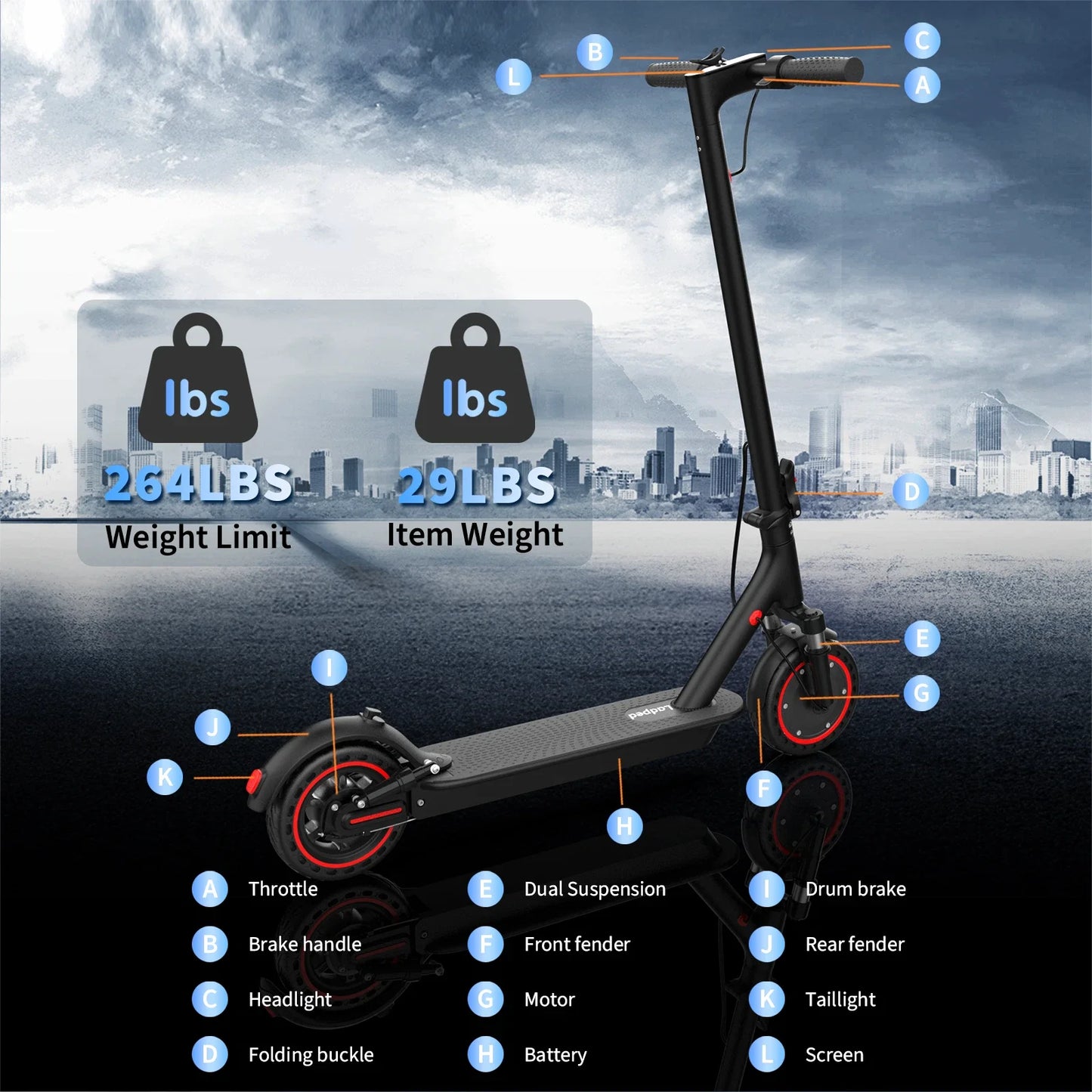 Ladped Electric Scooter LP07 350W 19MPH Dual Suspension App Control