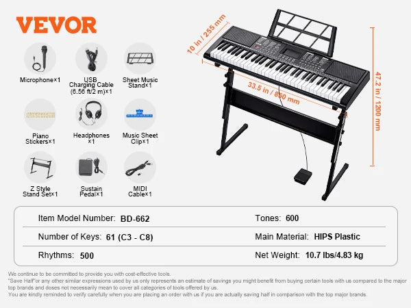 Portable Digital Piano Keyboard With Multiple Rhythm And Tone Settings
