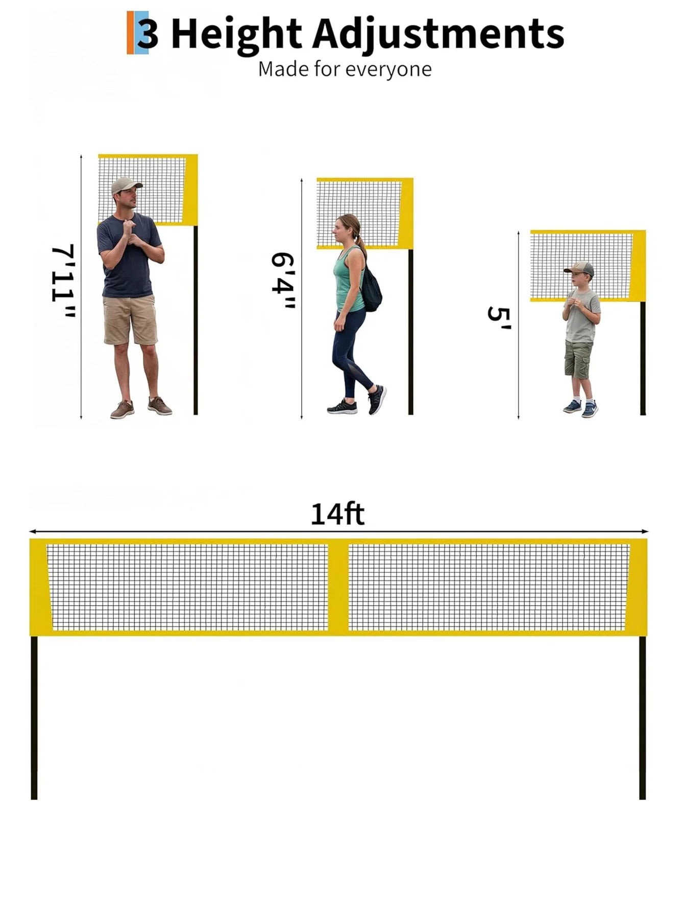 4 Square Volleyball Net Set for Backyard Beach, 3 Heights Adjustable,14 FT 4-Way Volleyball Net with Carrying Bag,for Family Fun