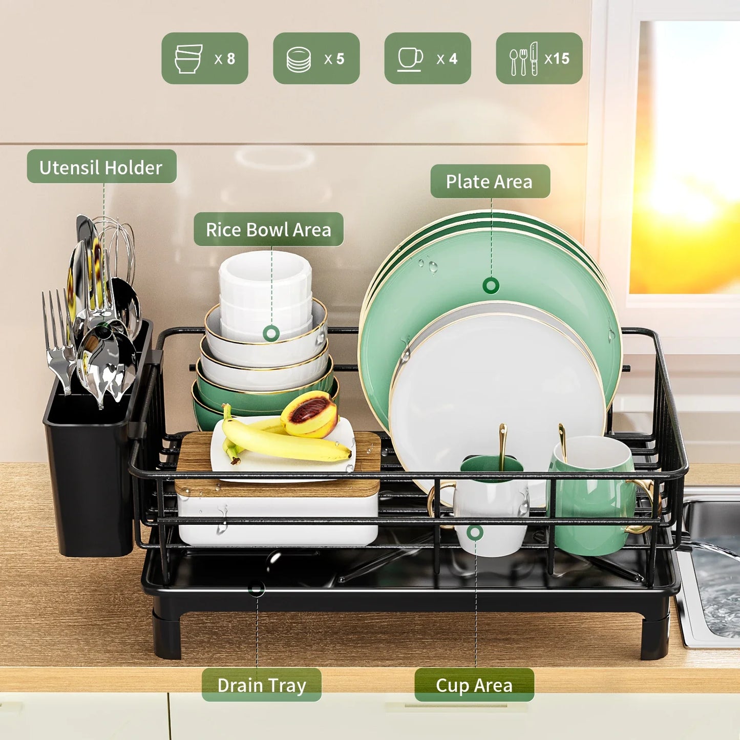 Dish Draining Rack With Cutlery Tray And Cup Holder