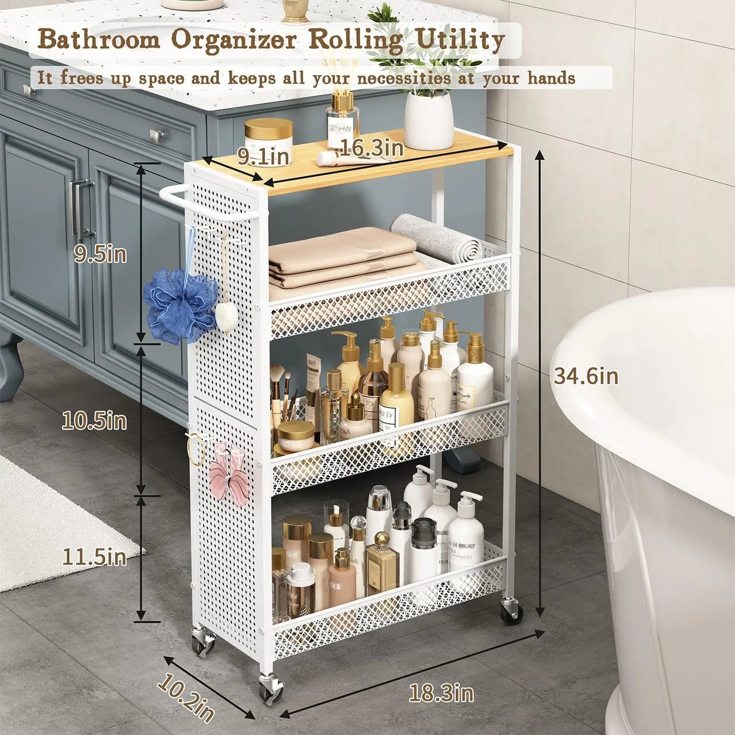 Slim Rolling Storage Cart With Wood Top And 4 Tier Shelves