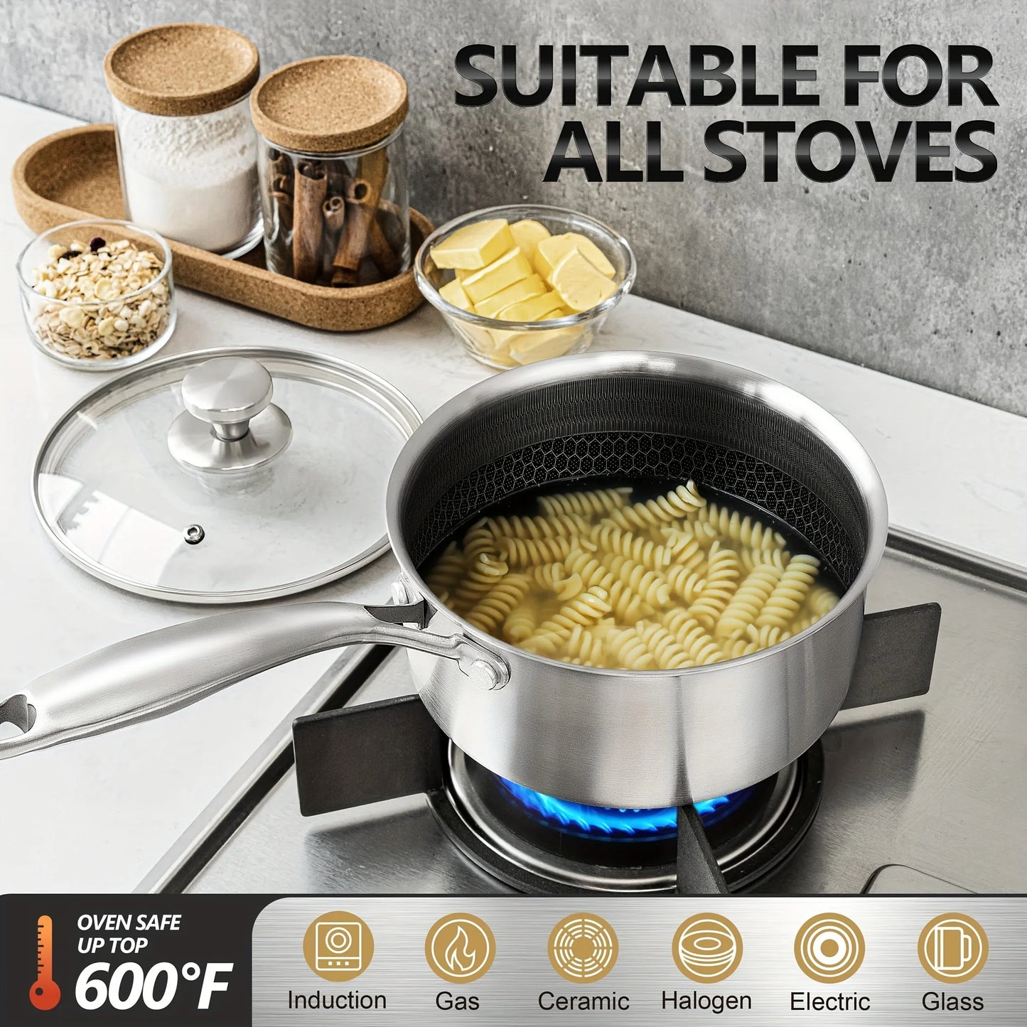 Stainless Steel Cookware Set With Triple Layer Saucepan And Honeycomb