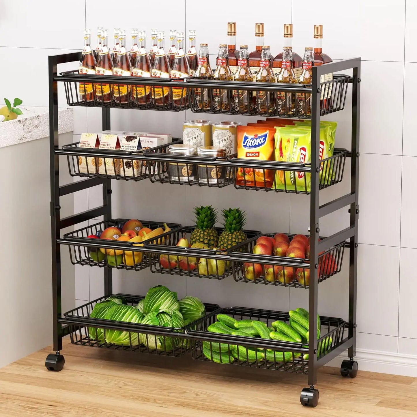 4-Tier Rolling Pantry Cart With 10 Baskets, Adjustable Kitchen Rack