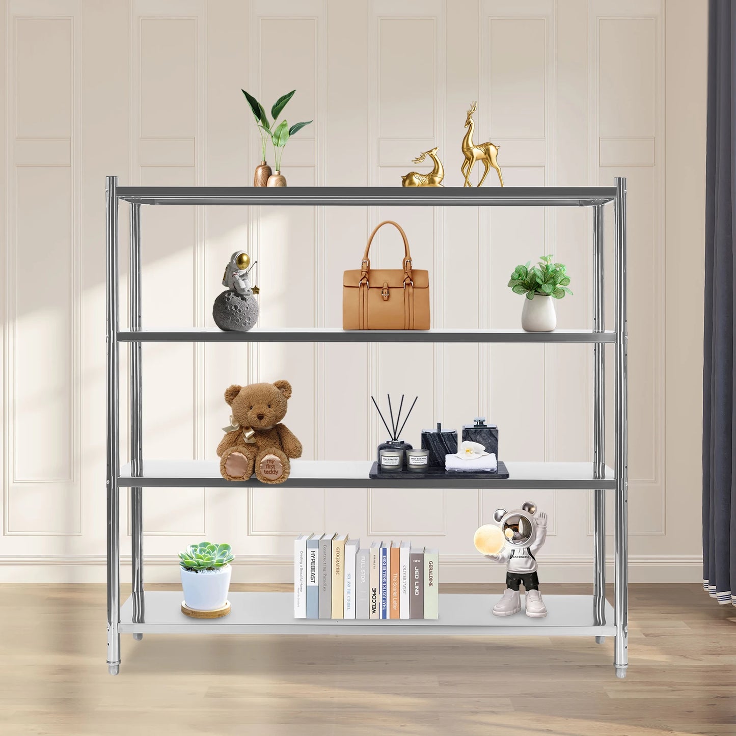 Four-Tier Stainless Steel Storage Shelf Heavy-Duty Adjustable Height