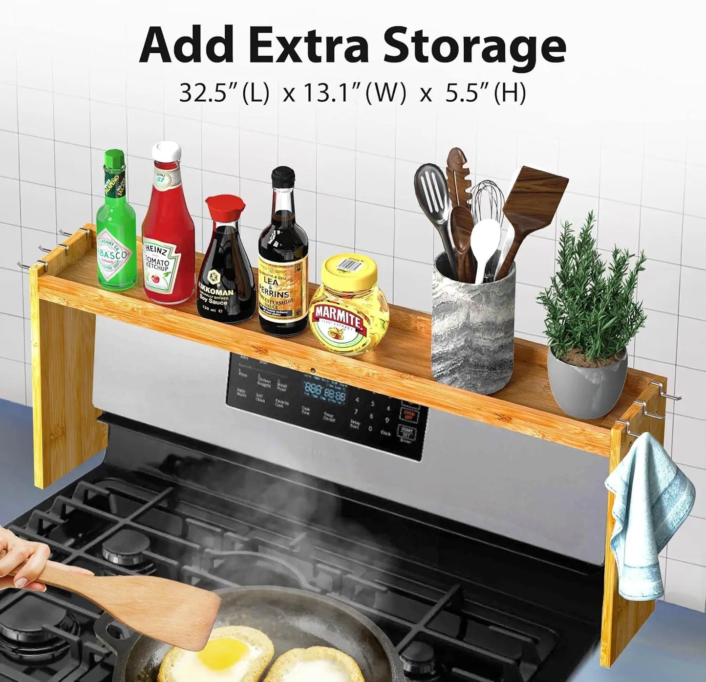 Bamboo Over-The-Stove Spice Shelf With 6 Hooks
