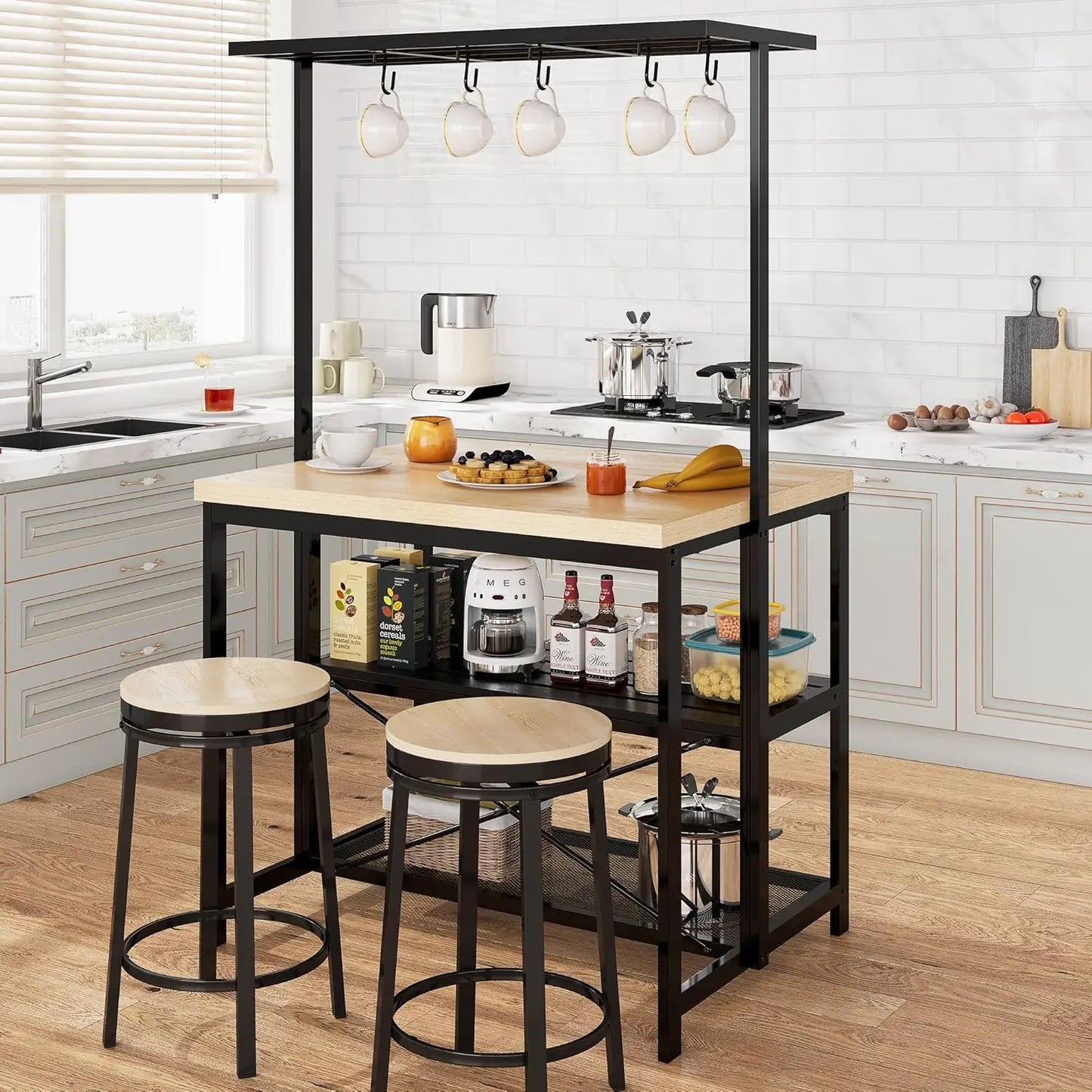 HiMISSH Kitchen Island With Storage And Power Outlet 3 Tier Bar Table